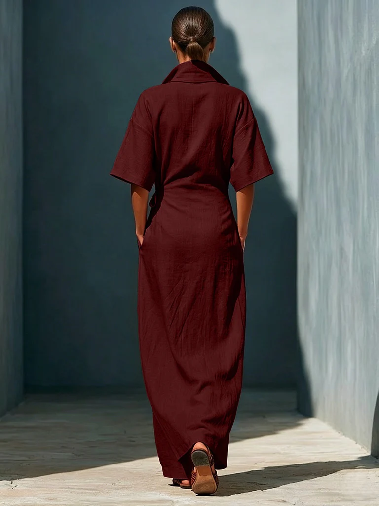 Casual V-neck Short-sleeved Tie-waist Solid Color Maxi Dresses - Image 12