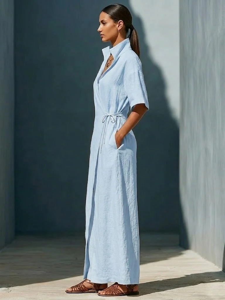 Casual V-neck Short-sleeved Tie-waist Solid Color Maxi Dresses - Image 5