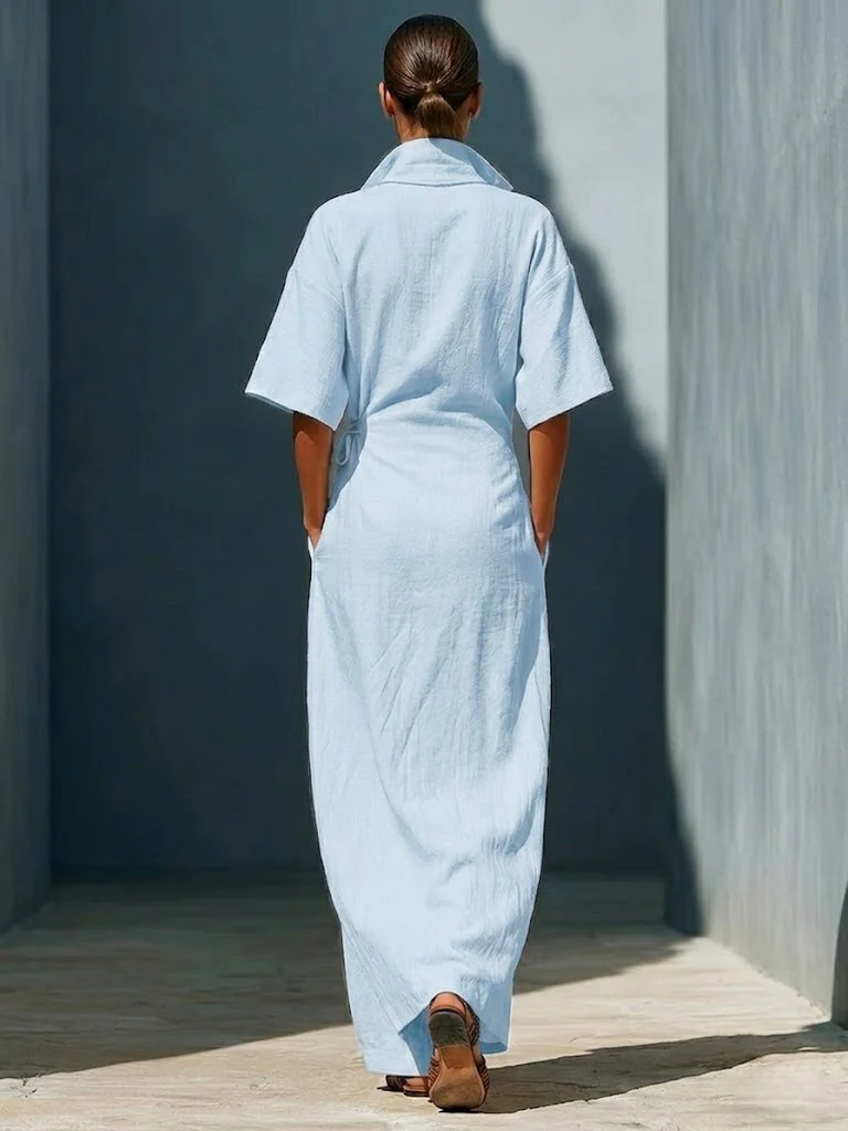 Casual V-neck Short-sleeved Tie-waist Solid Color Maxi Dresses - Image 6