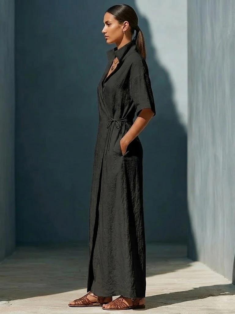 Casual V-neck Short-sleeved Tie-waist Solid Color Maxi Dresses - Image 8