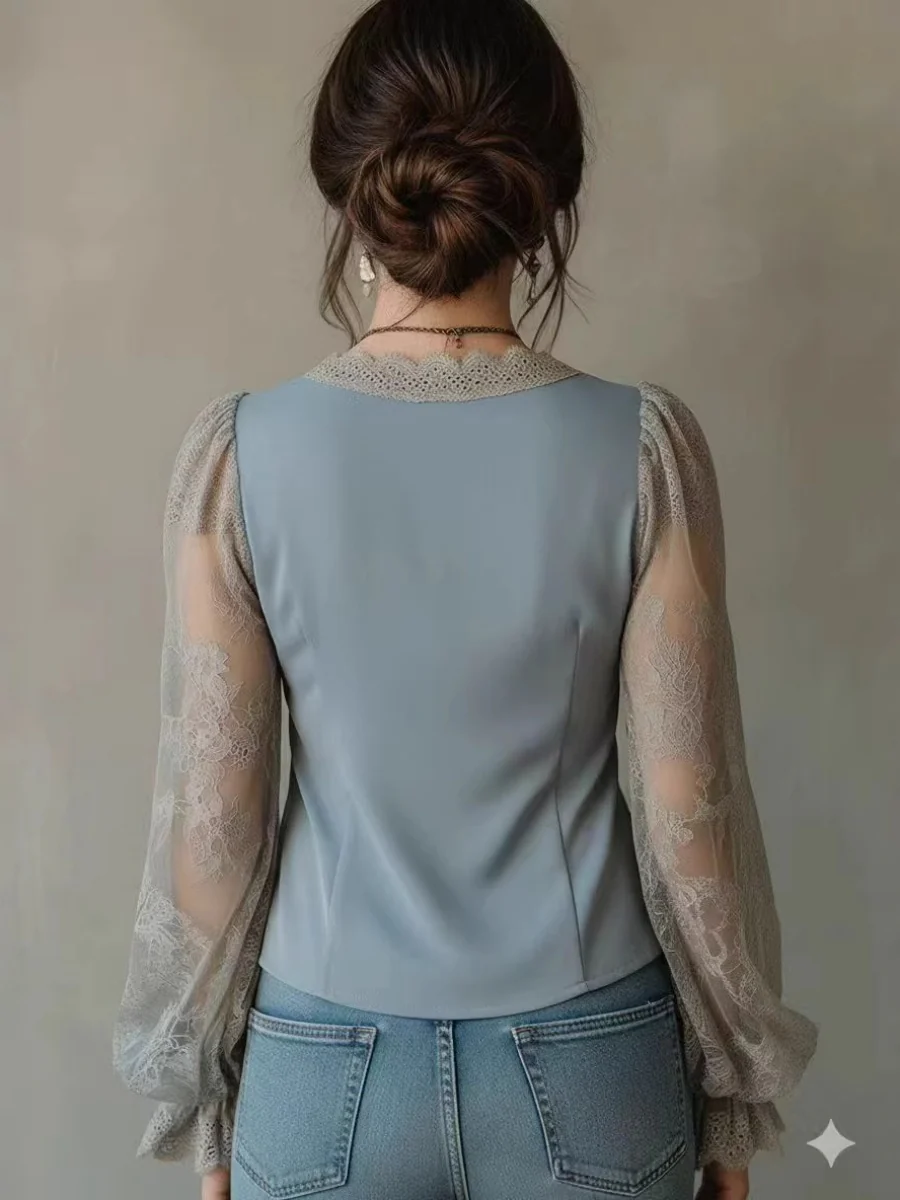 Lace-trimmed Puff-sleeved Fitted Shirt - Image 2