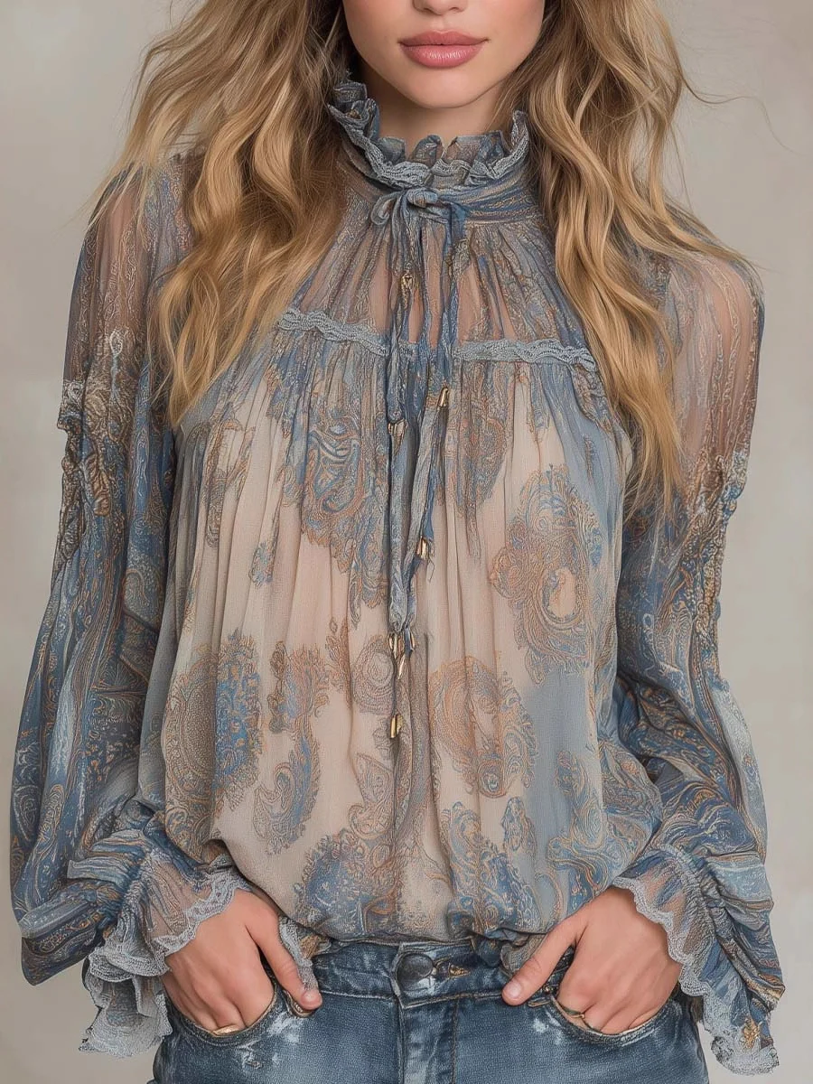 High-neck Floral Print Long-sleeved Shirt