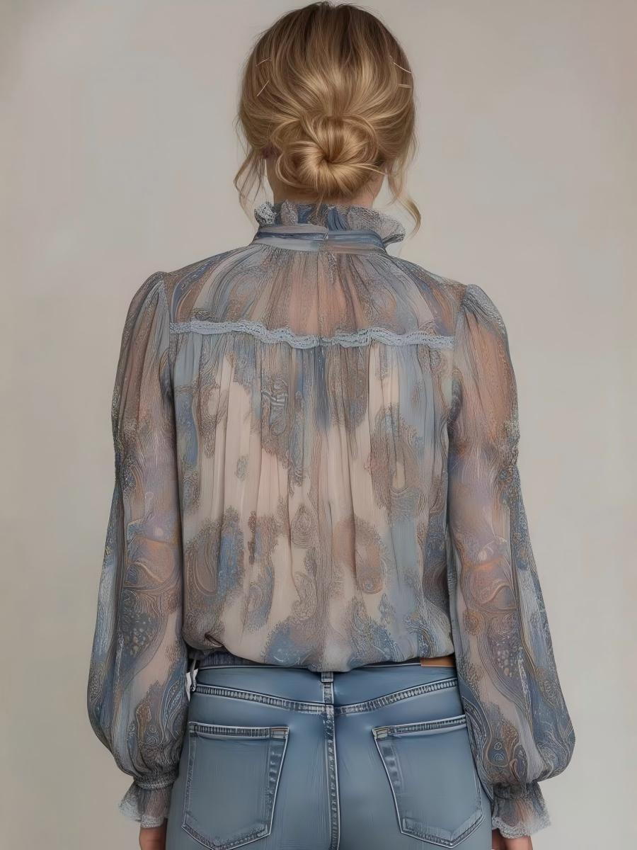 High-neck Floral Print Long-sleeved Shirt - Image 2