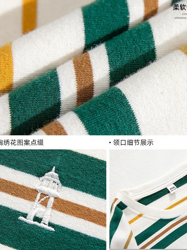 Retro Color-blocked Stripes Loose-fit T-shirts - Image 10
