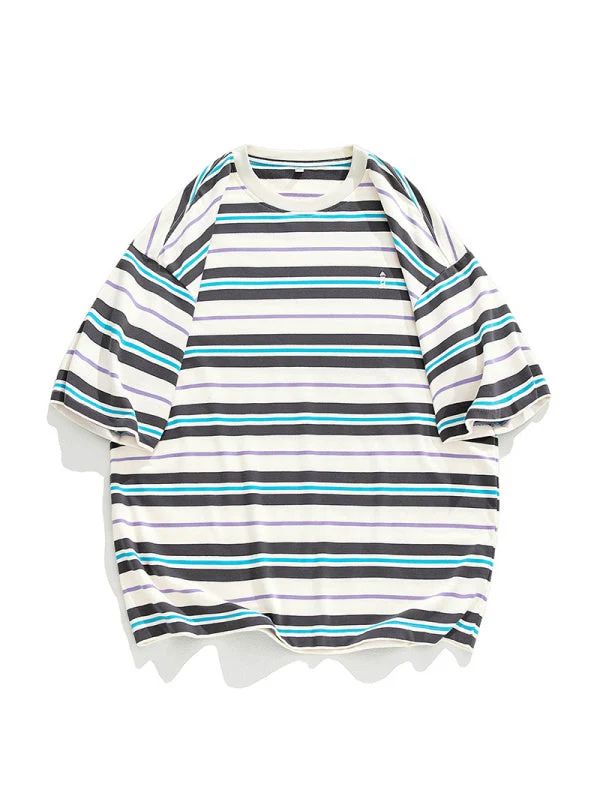 Retro Color-blocked Stripes Loose-fit T-shirts - Image 15