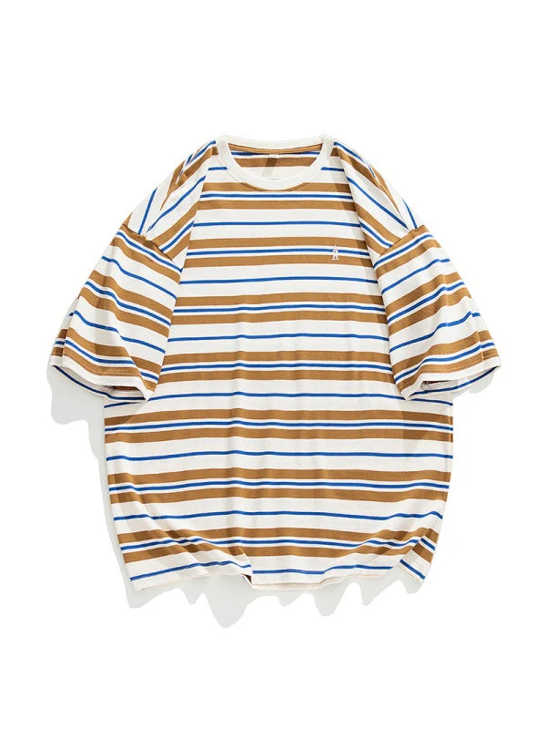 Retro Color-blocked Stripes Loose-fit T-shirts - Image 3