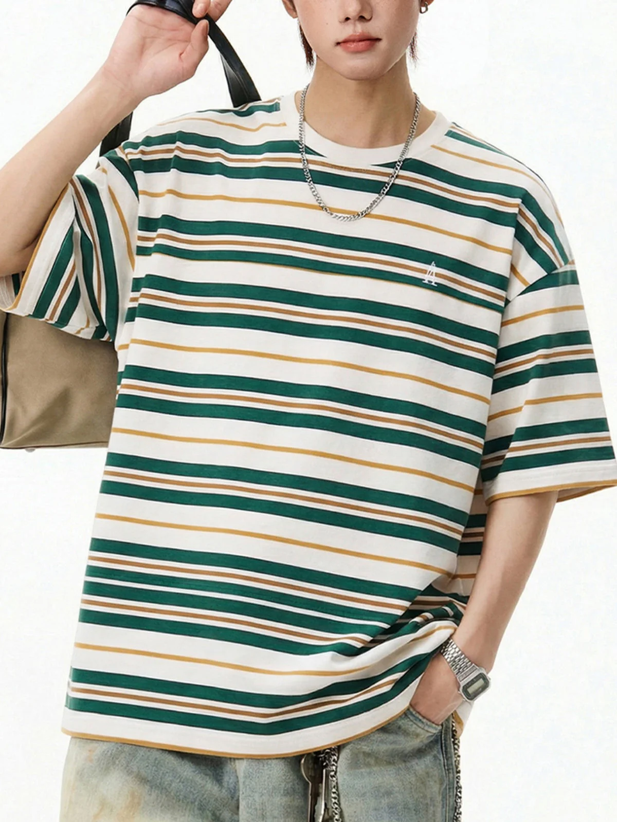 Retro Color-blocked Stripes Loose-fit T-shirts - Image 8