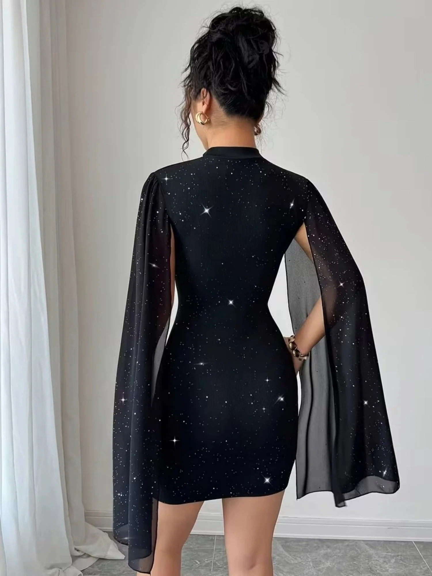 Sequins Chiffon Cape Openwork Chest Mini&Short Dresses - Image 2