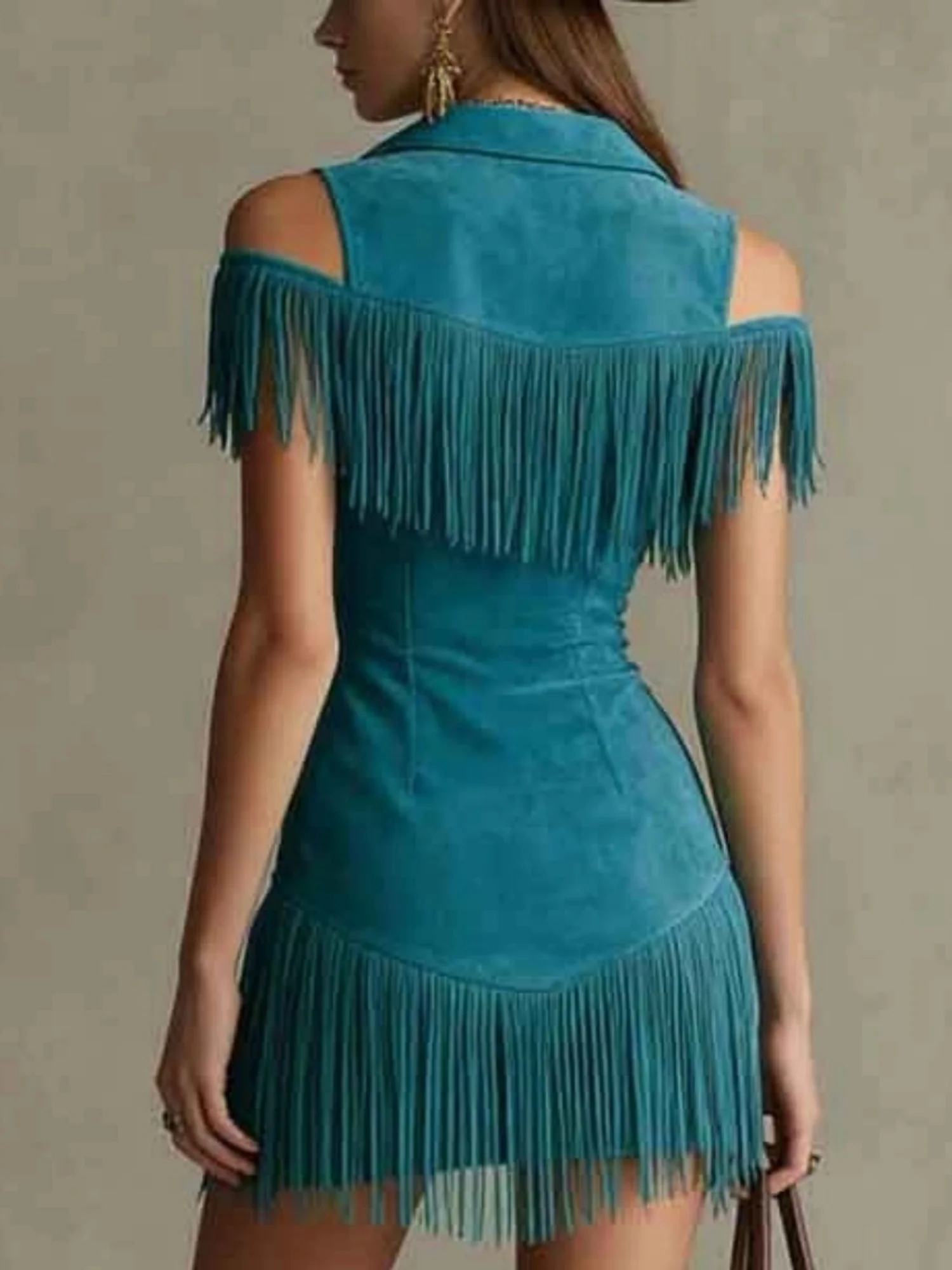 Tassel Suede Off-shoulder Zipper Mini&Short Dresses - Image 2