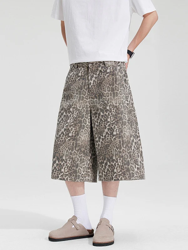 Retro Distressed Leopard Print 7 Points Baggy Shorts - Image 2