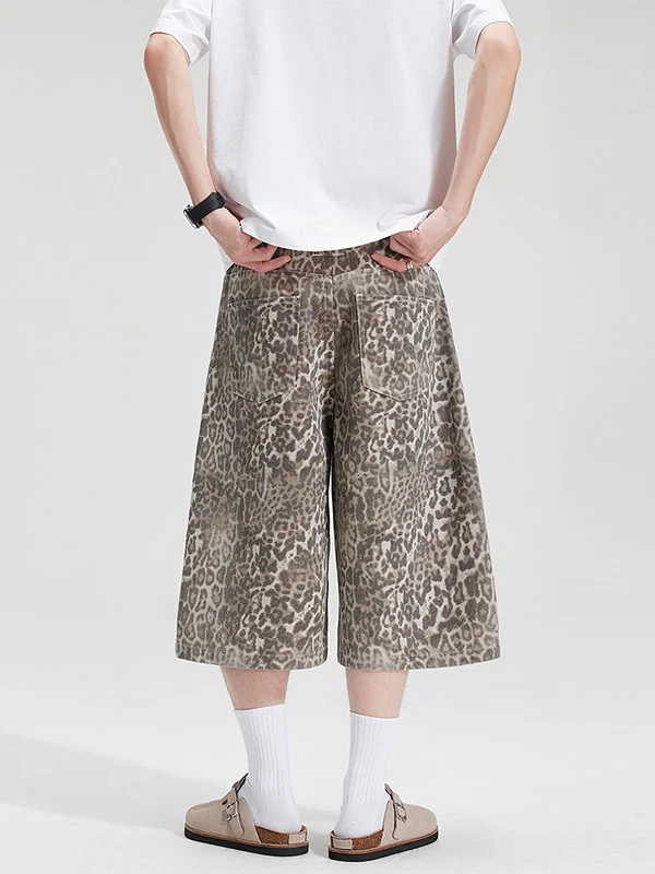 Retro Distressed Leopard Print 7 Points Baggy Shorts - Image 3