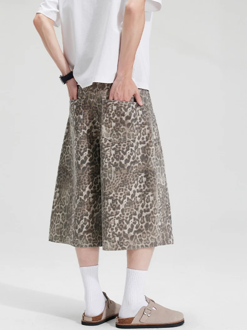 Retro Distressed Leopard Print 7 Points Baggy Shorts - Image 5