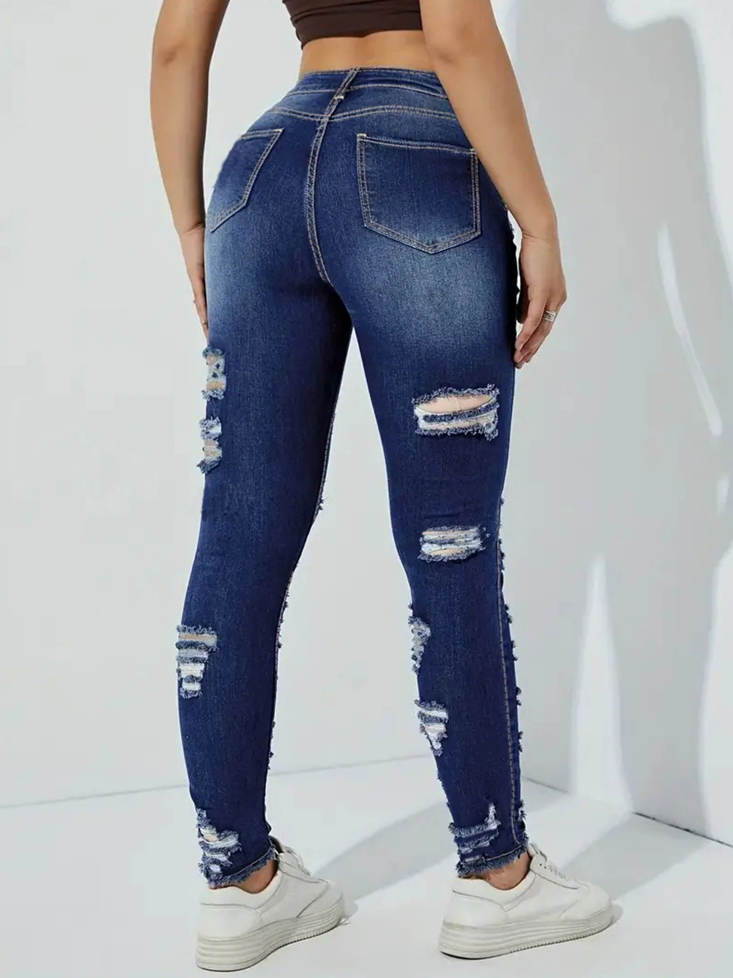 Ripped And Frayed Edges Stretch High-waisted And Slimming Pencil Pants Jeans - Image 2