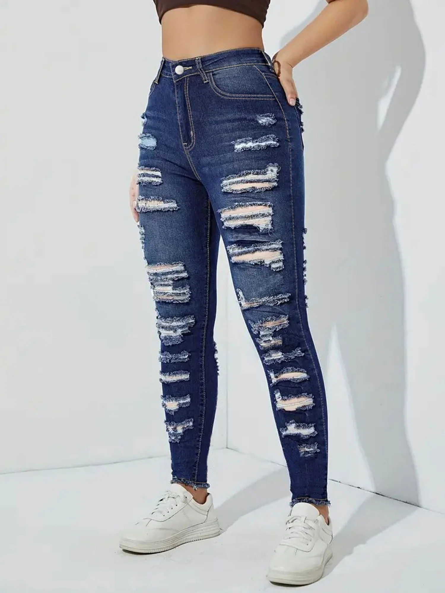Ripped And Frayed Edges Stretch High-waisted And Slimming Pencil Pants Jeans - Image 3