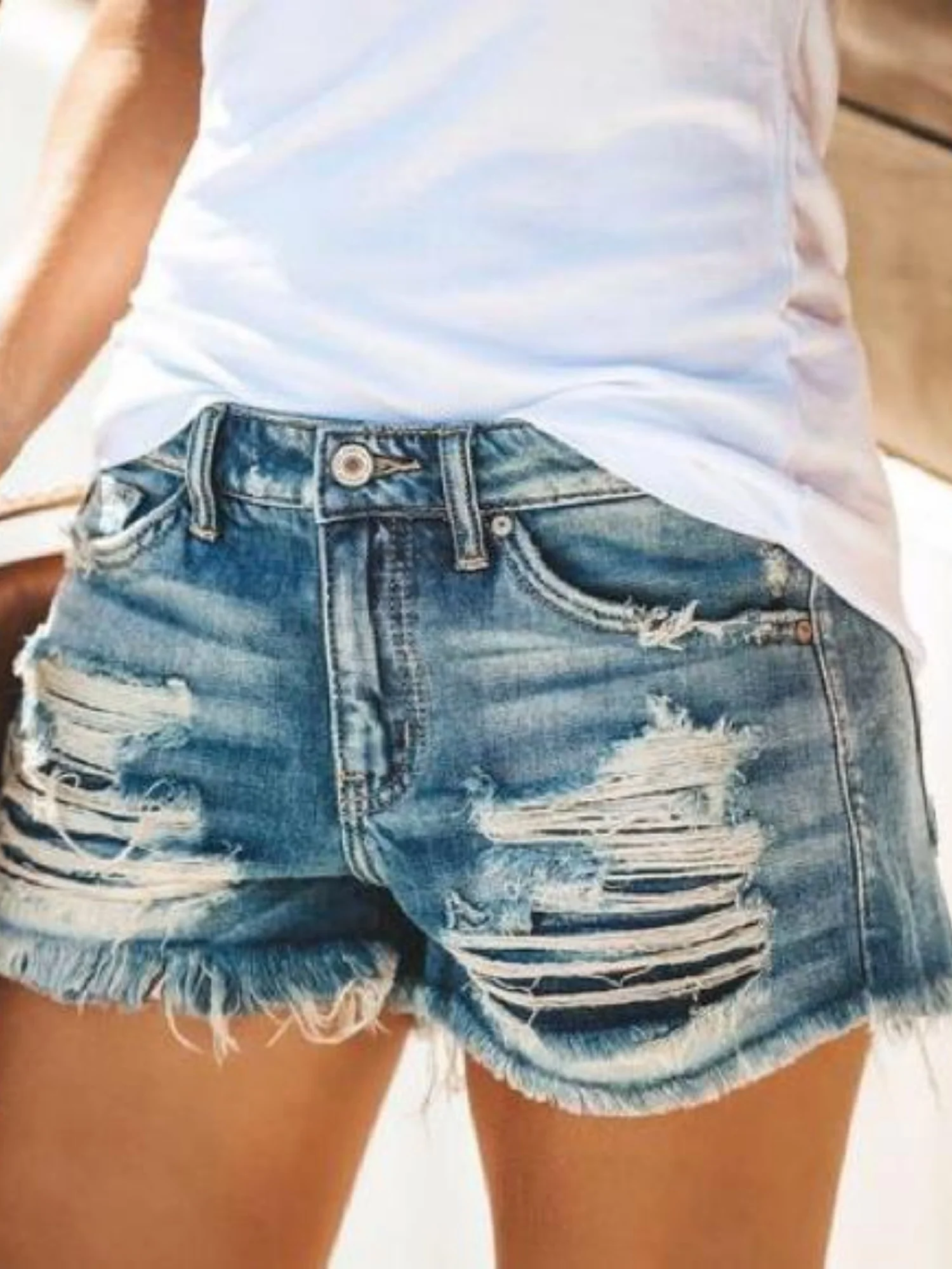 Denim Hole Tassel Shorts - Image 3