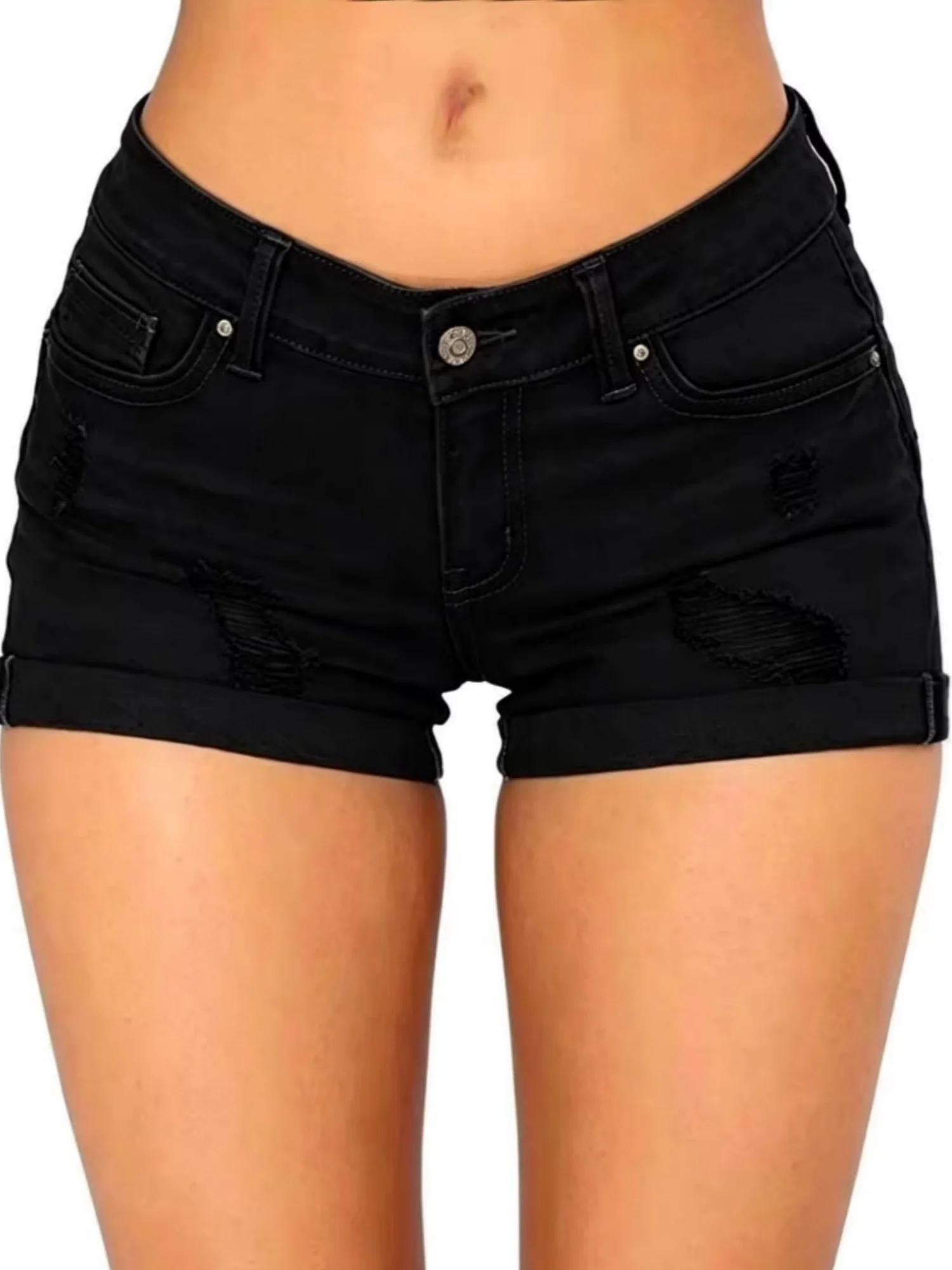 Denim Hole Flip-edge Slim-fit Shorts - Image 6