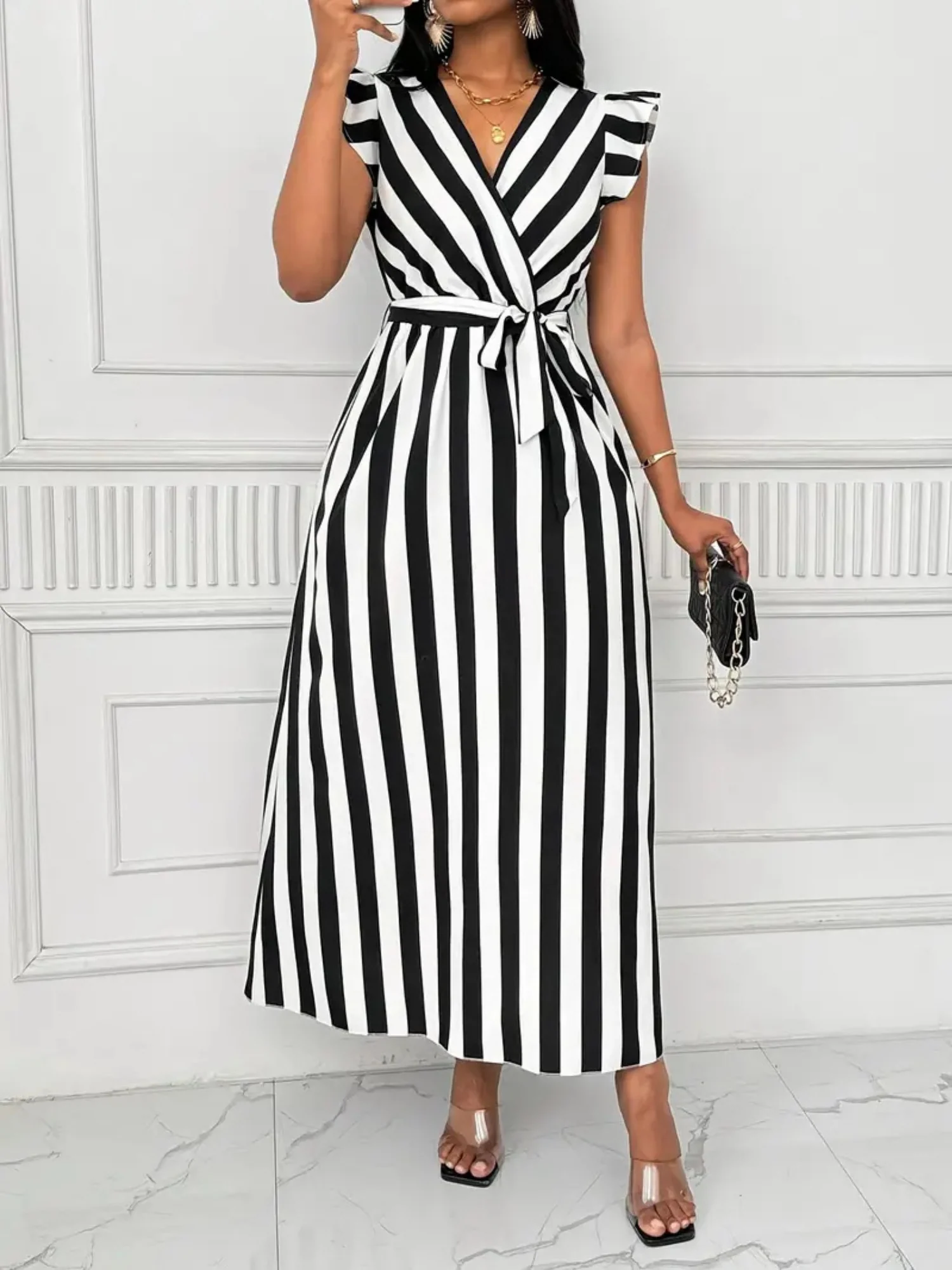 Stripes V-neck Belts Maxi Dresses - Image 2