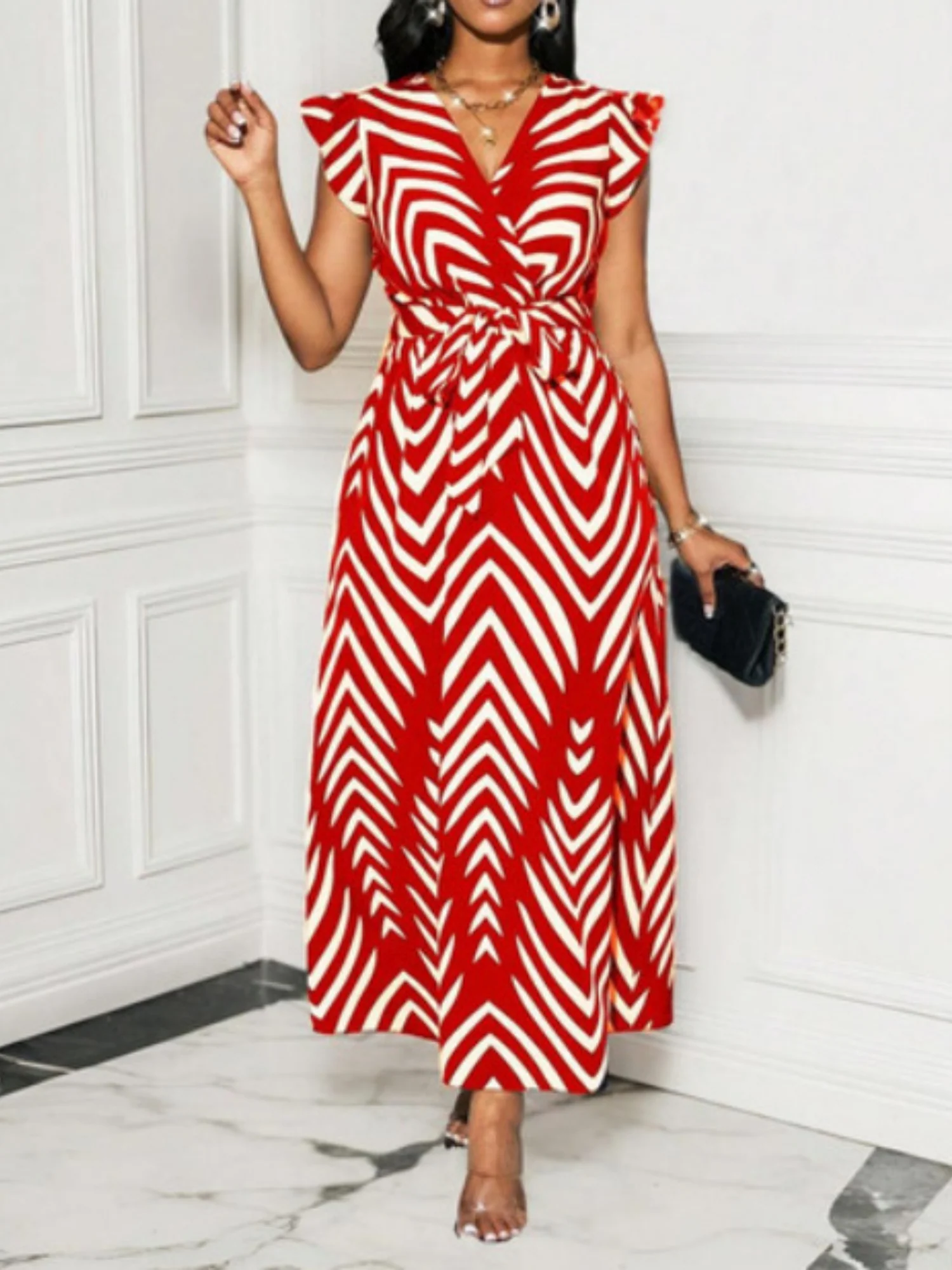 Stripes V-neck Belts Maxi Dresses - Image 7
