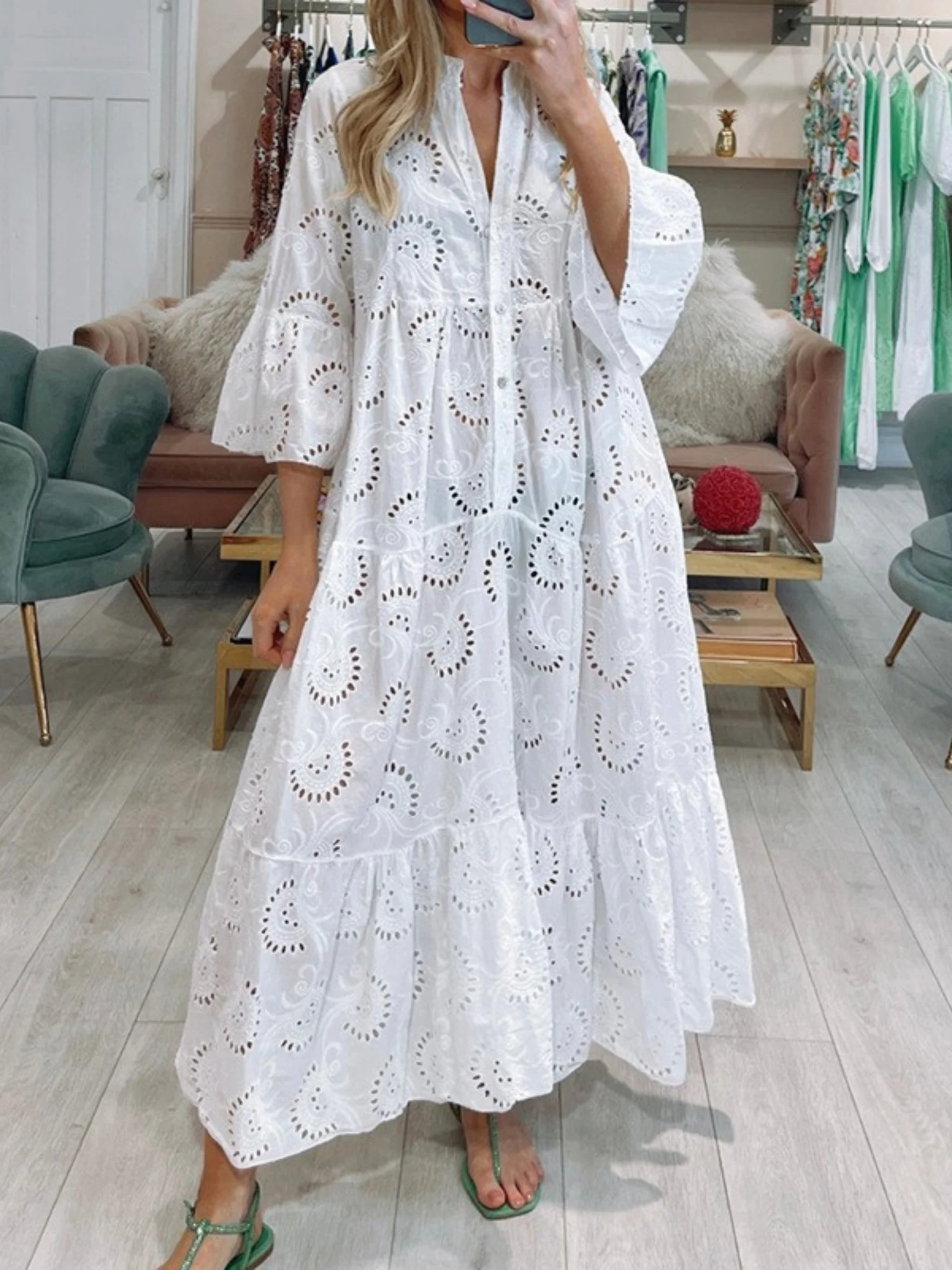 Lace Cutout V-neck Buttons  Flare Sleeve Maxi Dresses - Image 2