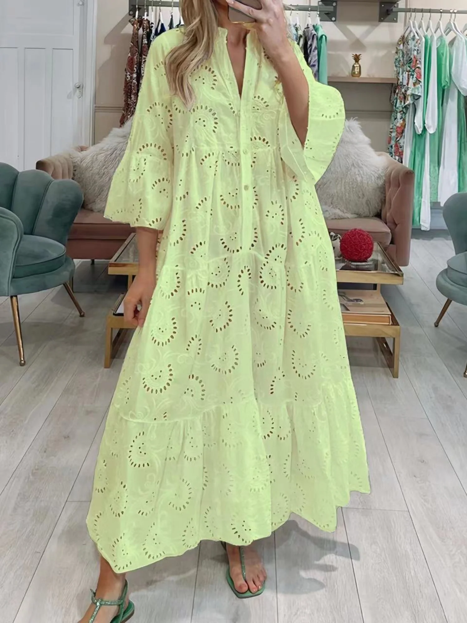 Lace Cutout V-neck Buttons  Flare Sleeve Maxi Dresses - Image 5
