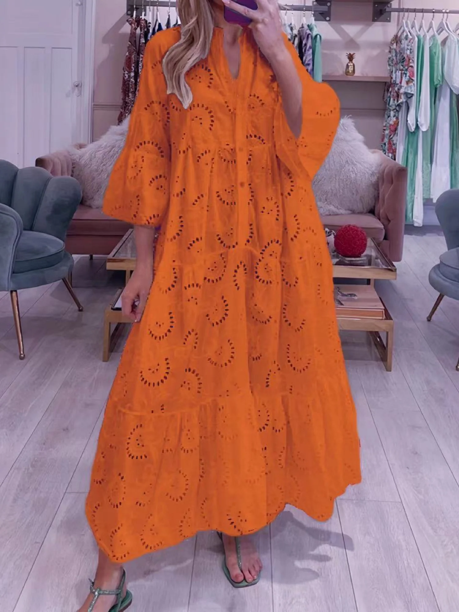 Lace Cutout V-neck Buttons  Flare Sleeve Maxi Dresses - Image 6