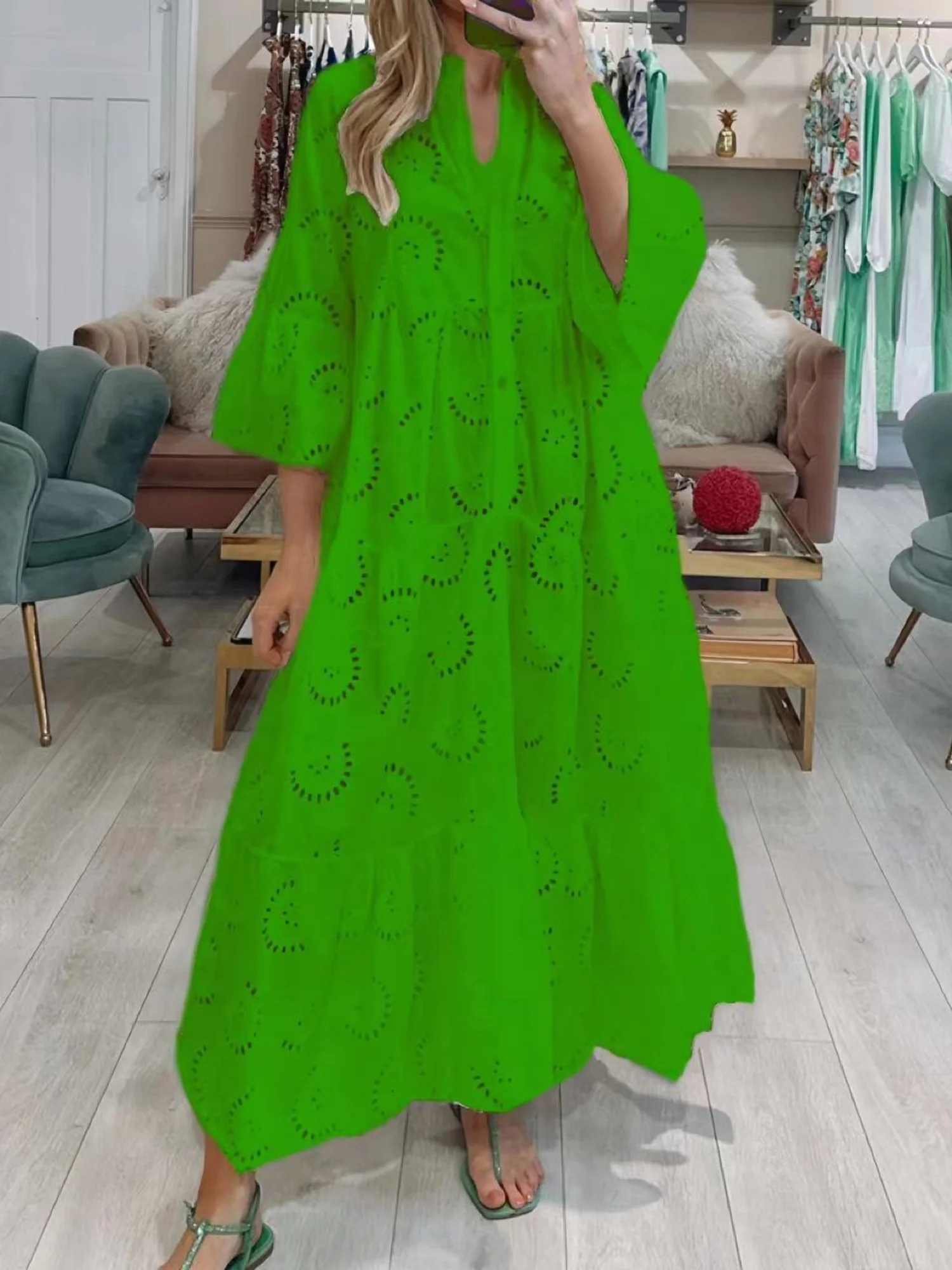 Lace Cutout V-neck Buttons  Flare Sleeve Maxi Dresses - Image 8