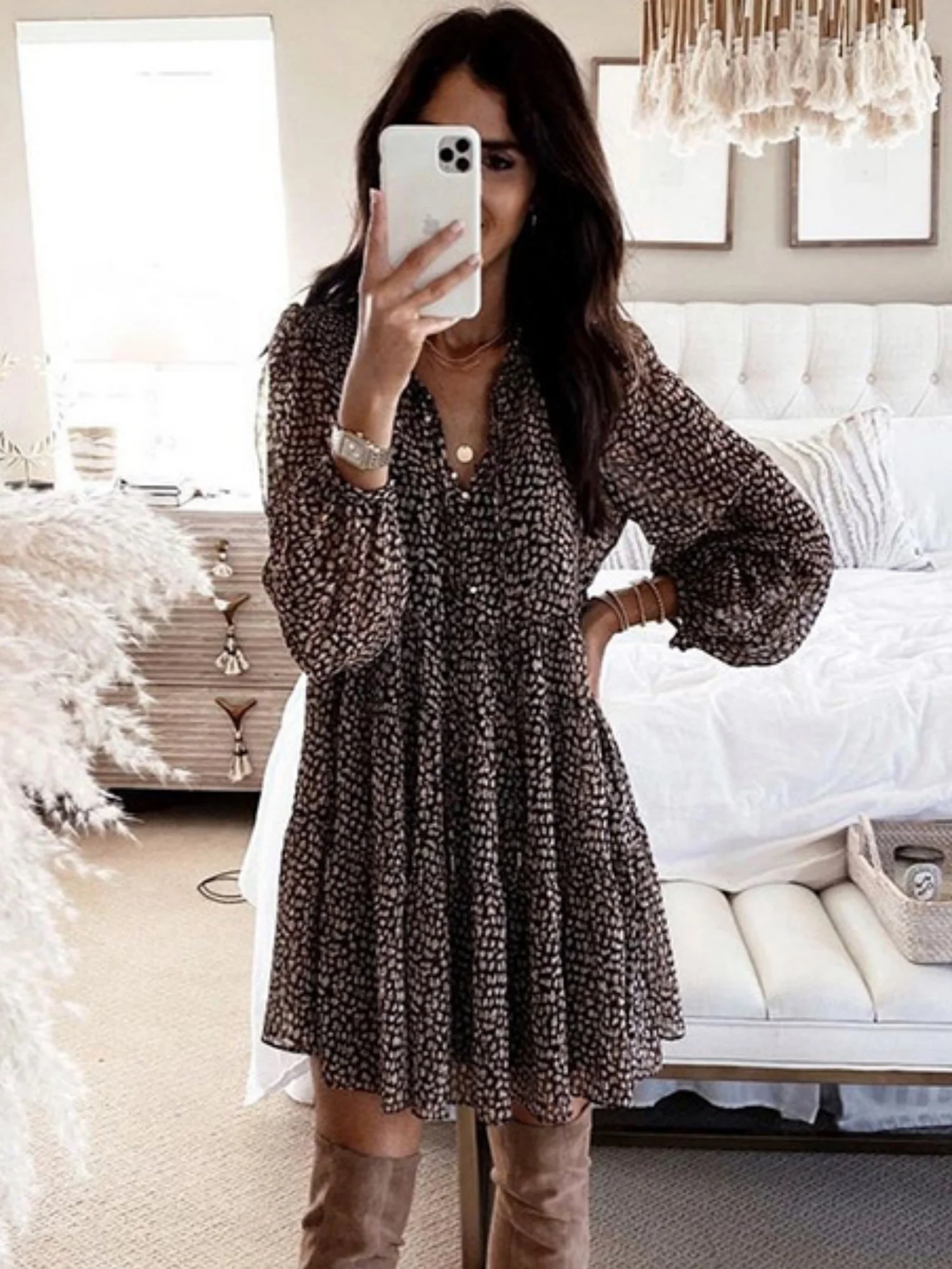 Leopard Print Balloon Sleeve V-neck Full Skirt Mini&Short Dresses - Image 4