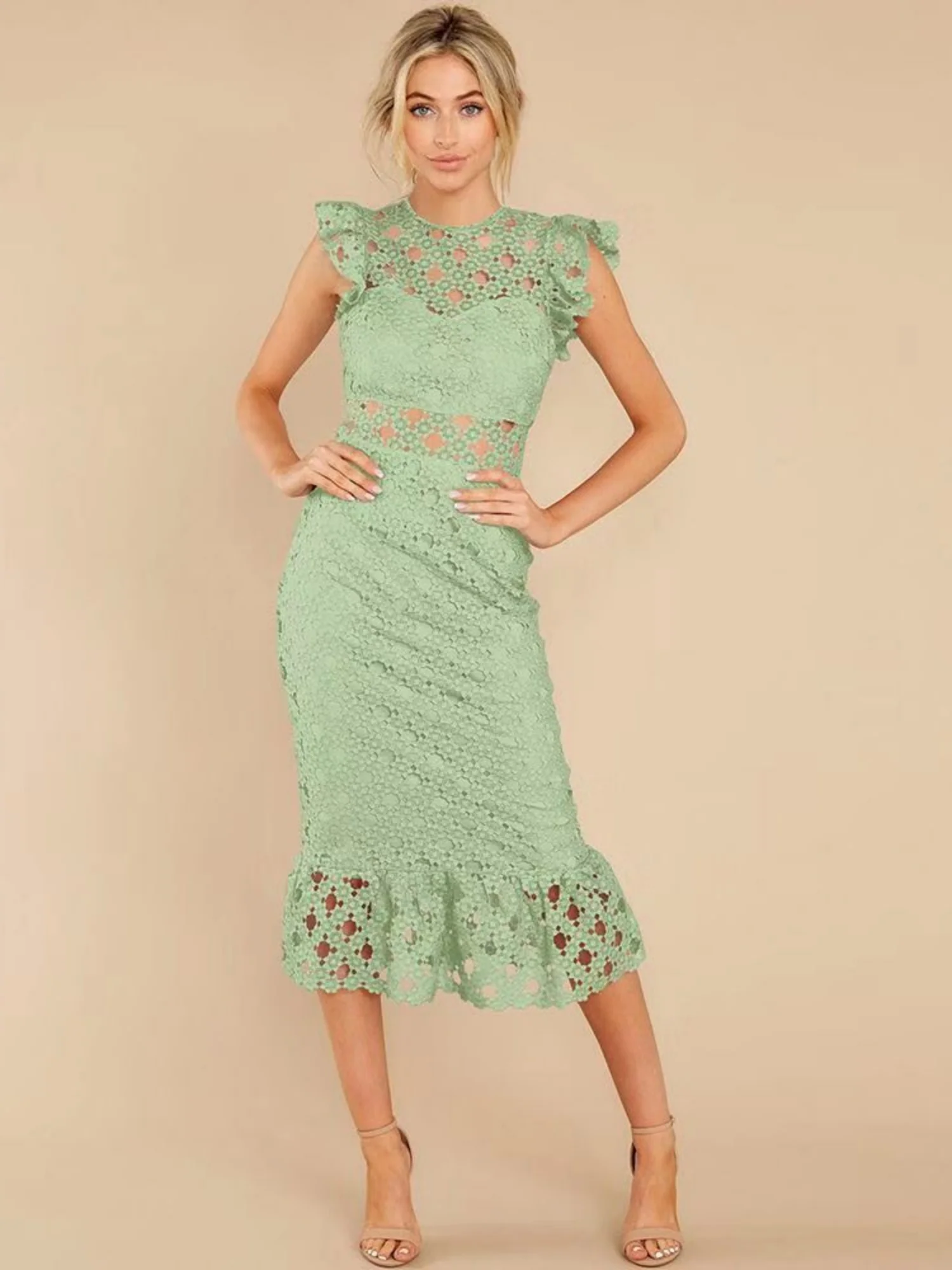 Lace Trim Hollow Out Hip Wrap Maxi Dresses - Image 3