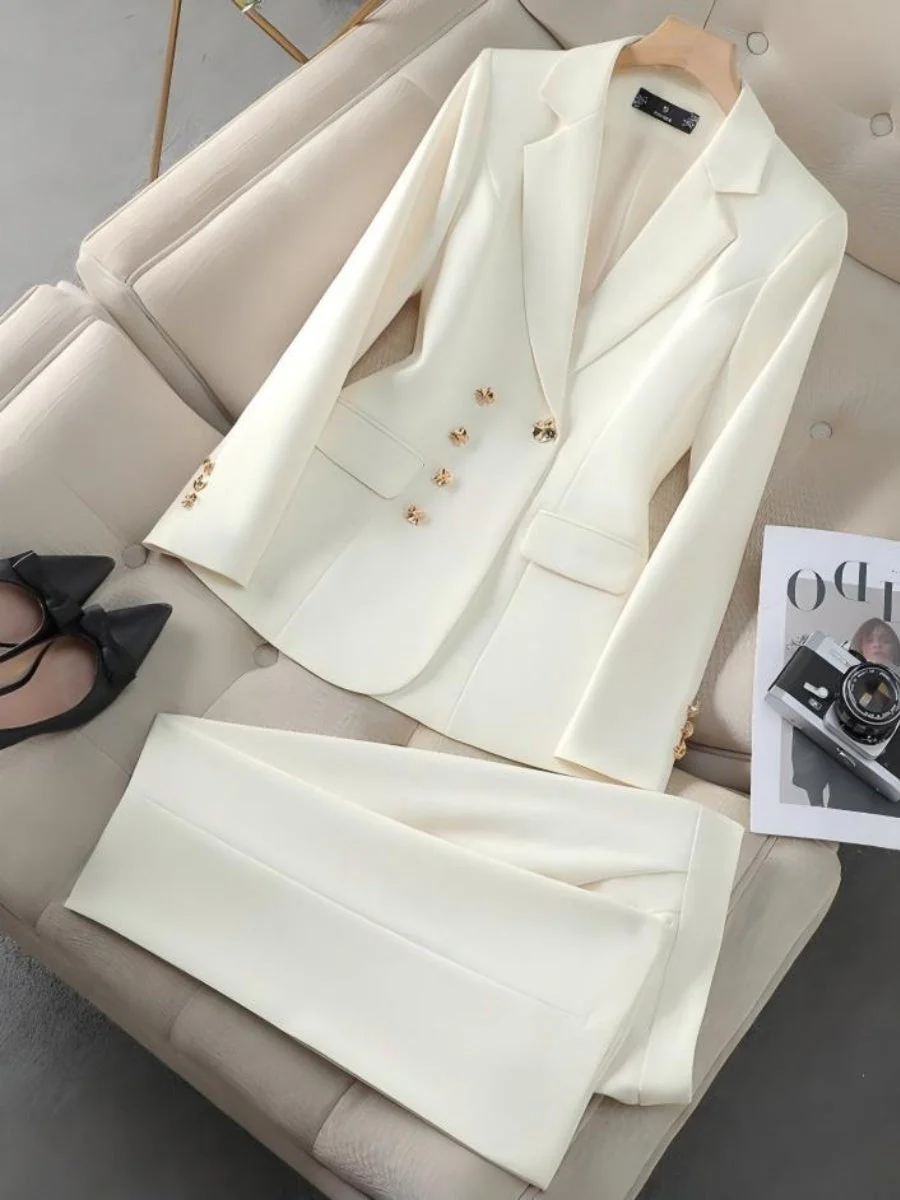 Solid Color Gold Button Decoration Blazers Trousers 2-piece Sets - Image 2