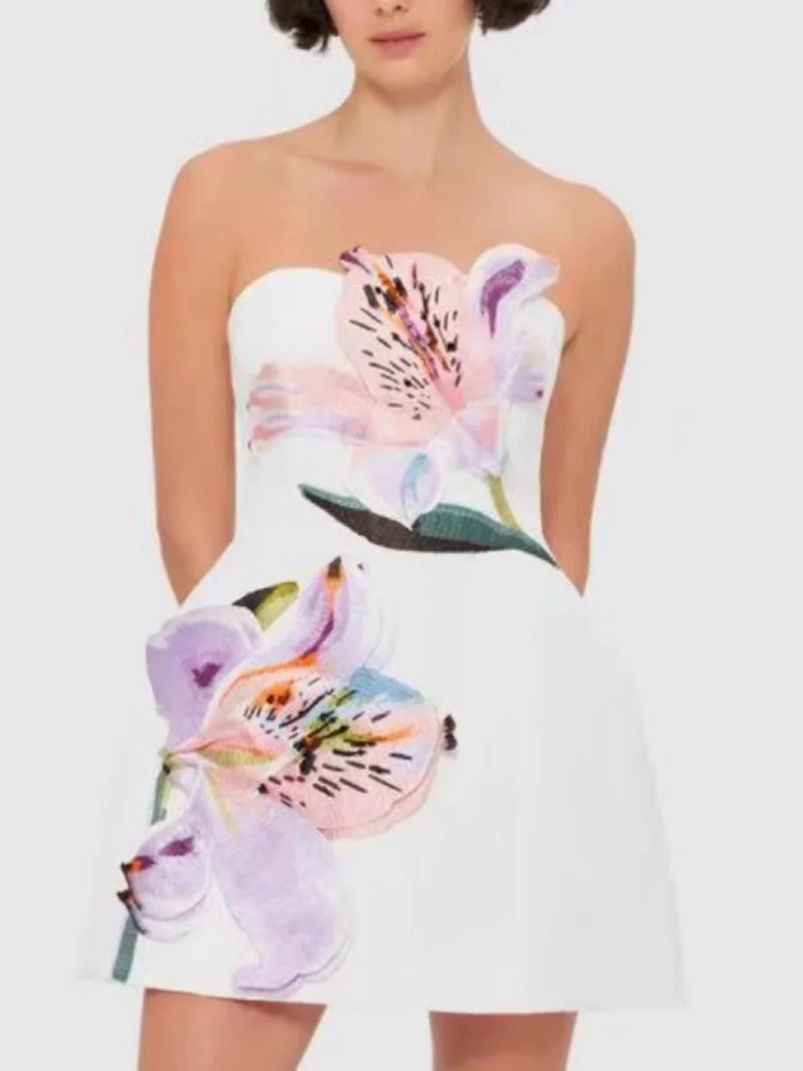 3D Floral Patchwork A-line Strapless Short Dress - Image 2
