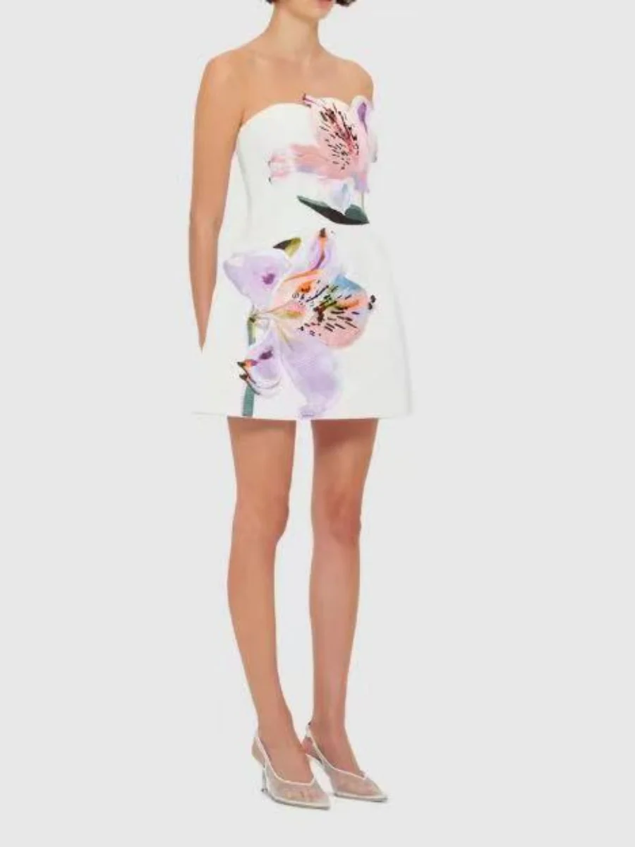 3D Floral Patchwork A-line Strapless Short Dress - Image 3