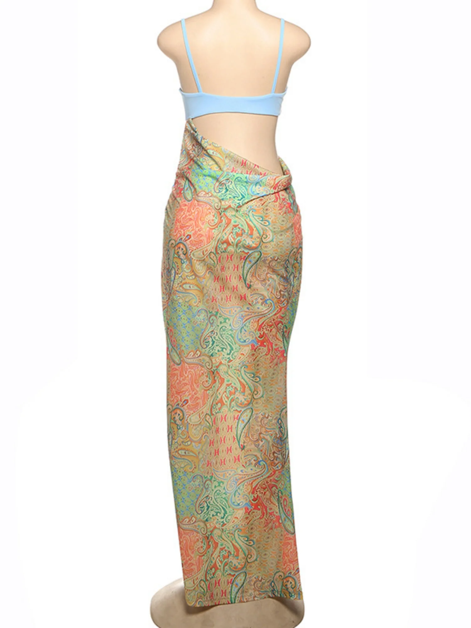 Printed Color Blocking Backless And Navel Exposed Strapless Bra Maxi Dresses - Image 7