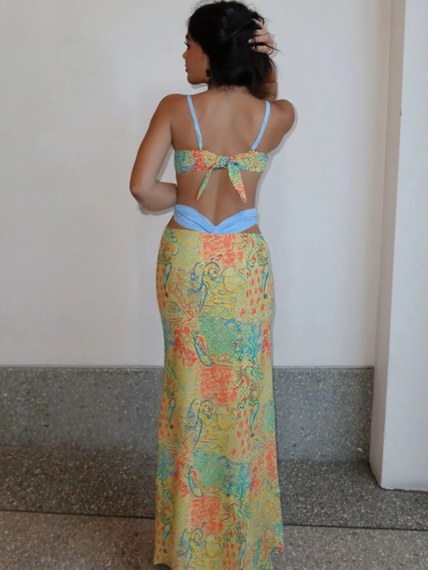 Color-blocked Print Strappy Top High-waisted Midi Skirt 3 Piece Bikinis - Image 2