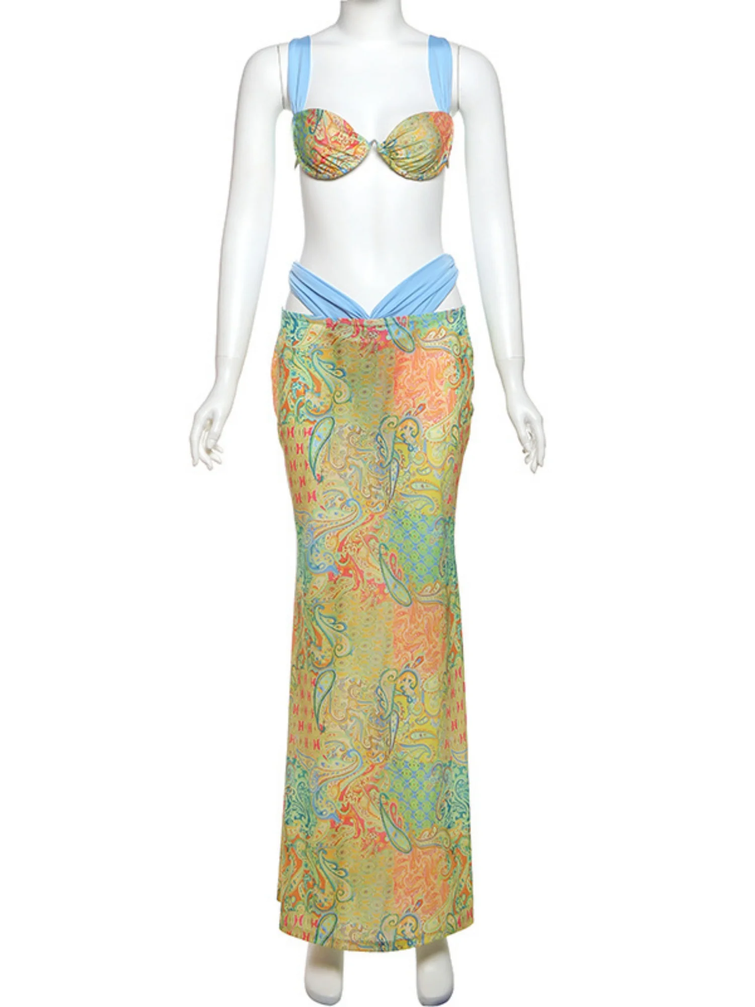 Color-blocked Print Strappy Top High-waisted Midi Skirt 3 Piece Bikinis - Image 4