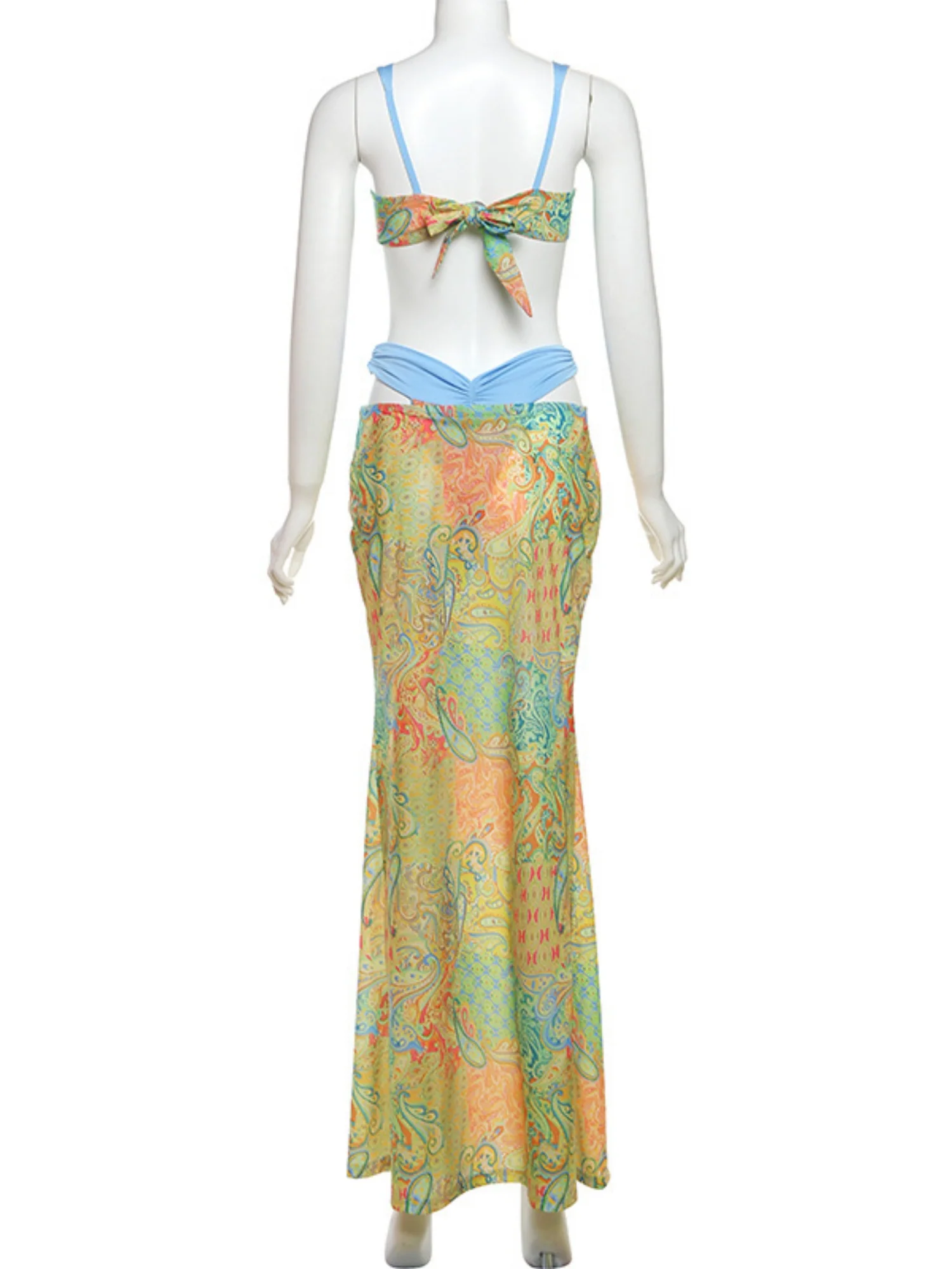 Color-blocked Print Strappy Top High-waisted Midi Skirt 3 Piece Bikinis - Image 5