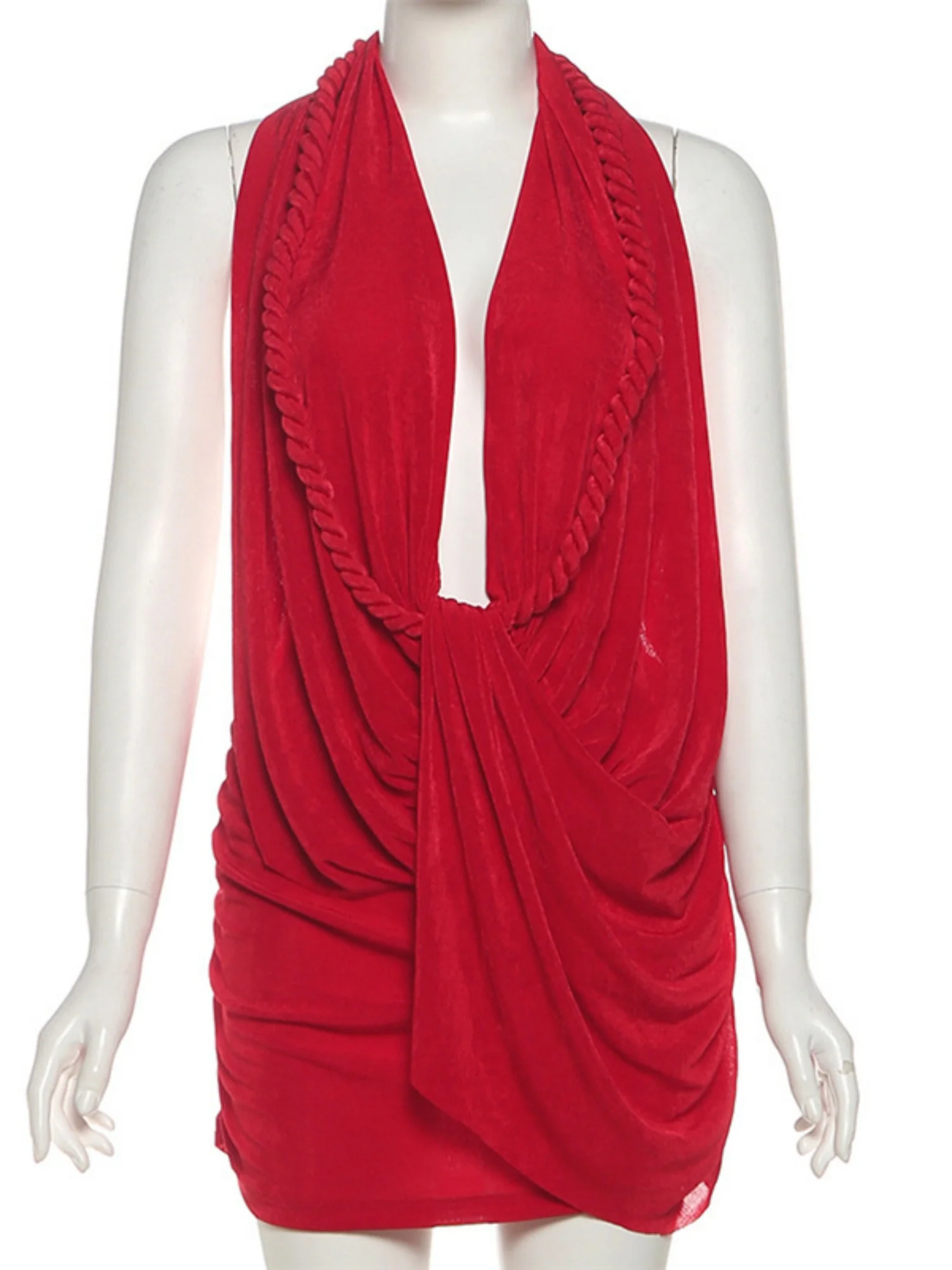 Pleated Deep V Halter Neck Exposed Backpack Buttocks Mini&Short Dresses - Image 4