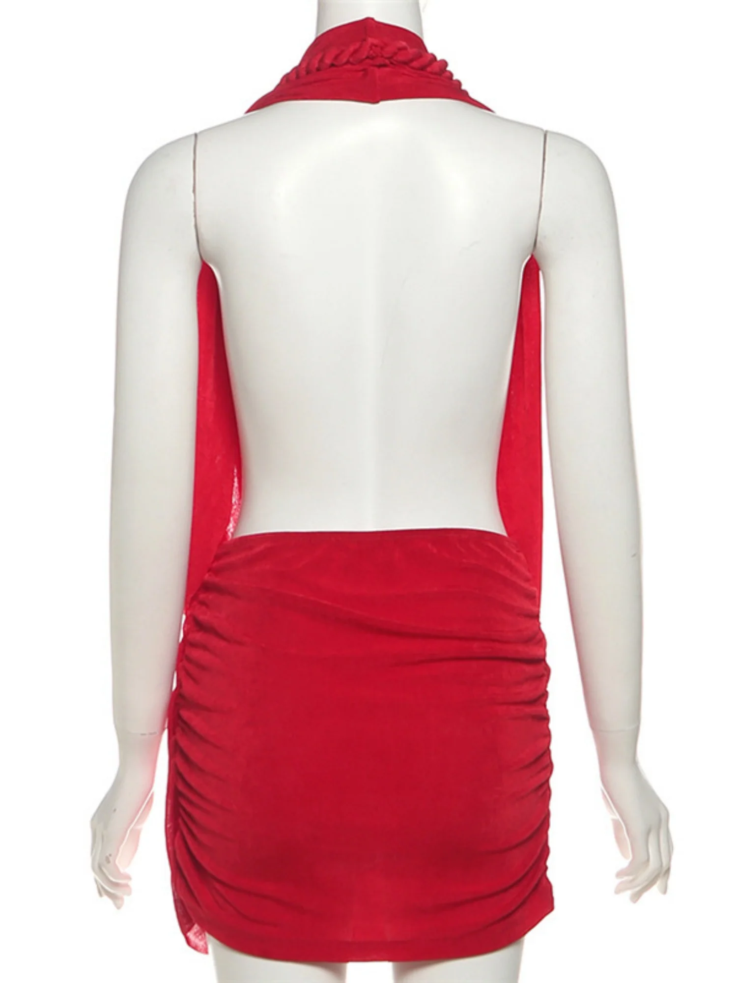 Pleated Deep V Halter Neck Exposed Backpack Buttocks Mini&Short Dresses - Image 5