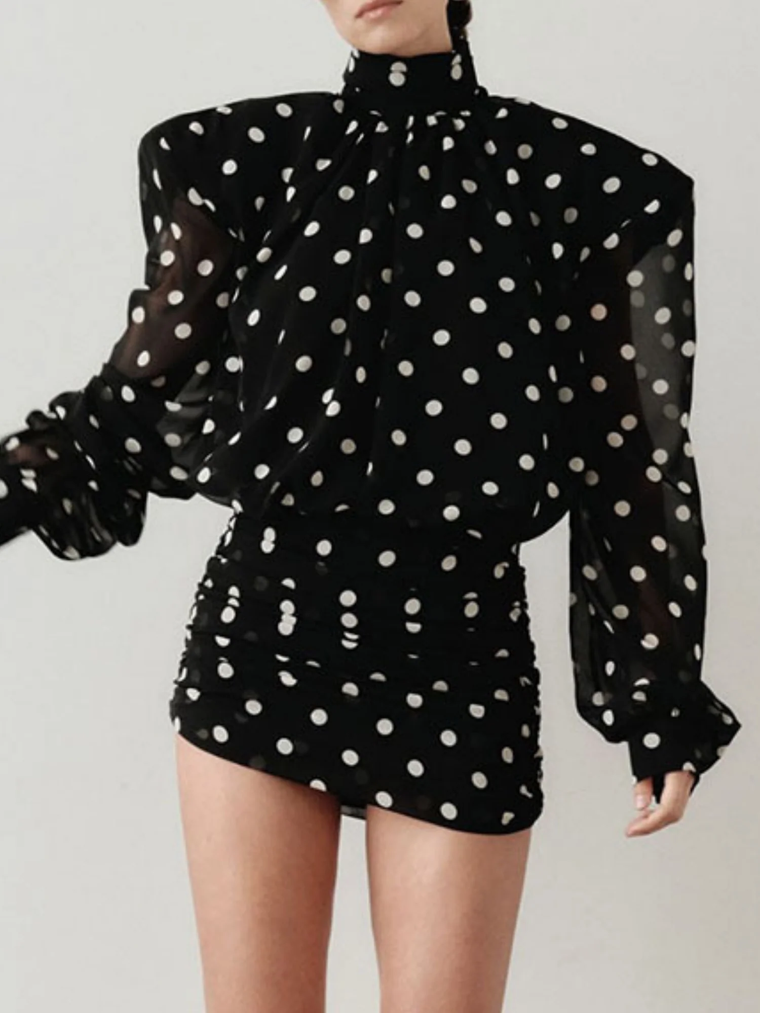 Polka Dots Backless Turtleneck Waist Shaping Hip Wrap Mini&Short Dresses - Image 2