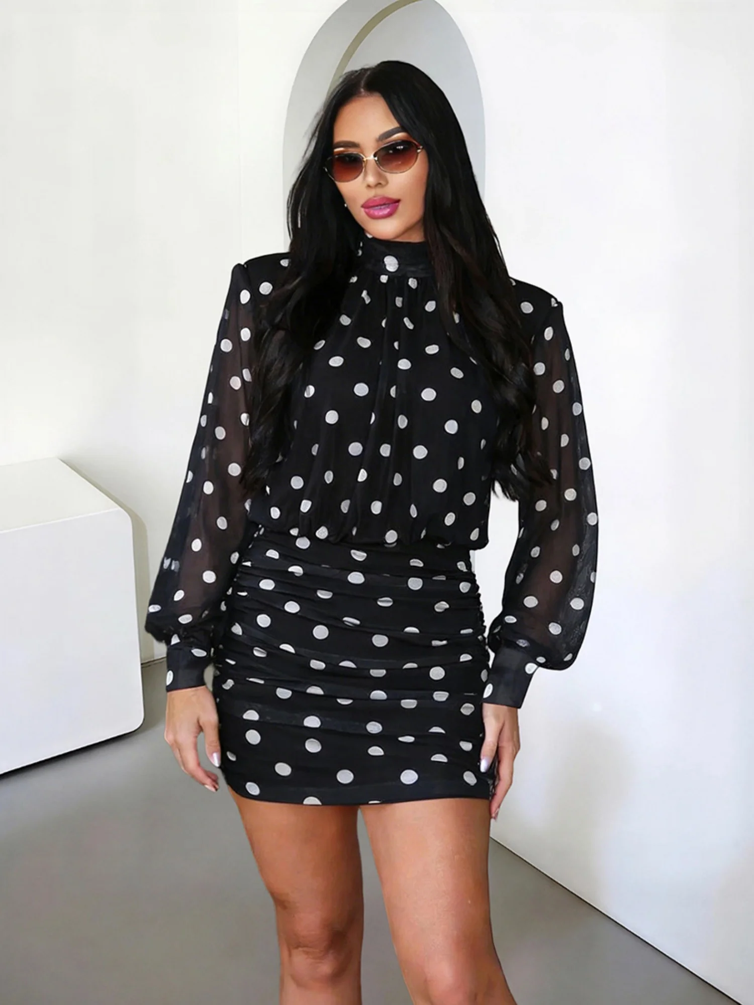 Polka Dots Backless Turtleneck Waist Shaping Hip Wrap Mini&Short Dresses - Image 3