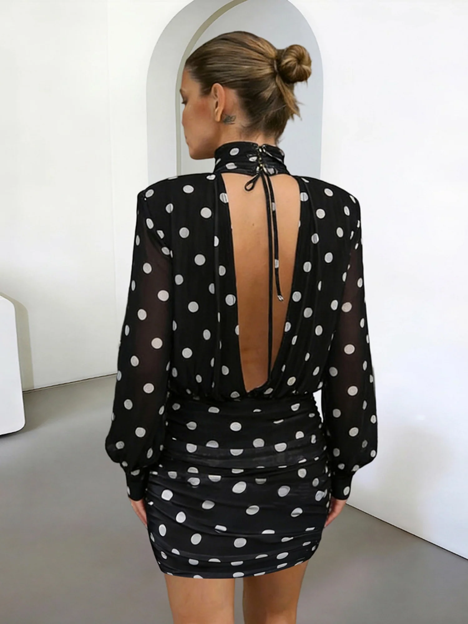 Polka Dots Backless Turtleneck Waist Shaping Hip Wrap Mini&Short Dresses - Image 4