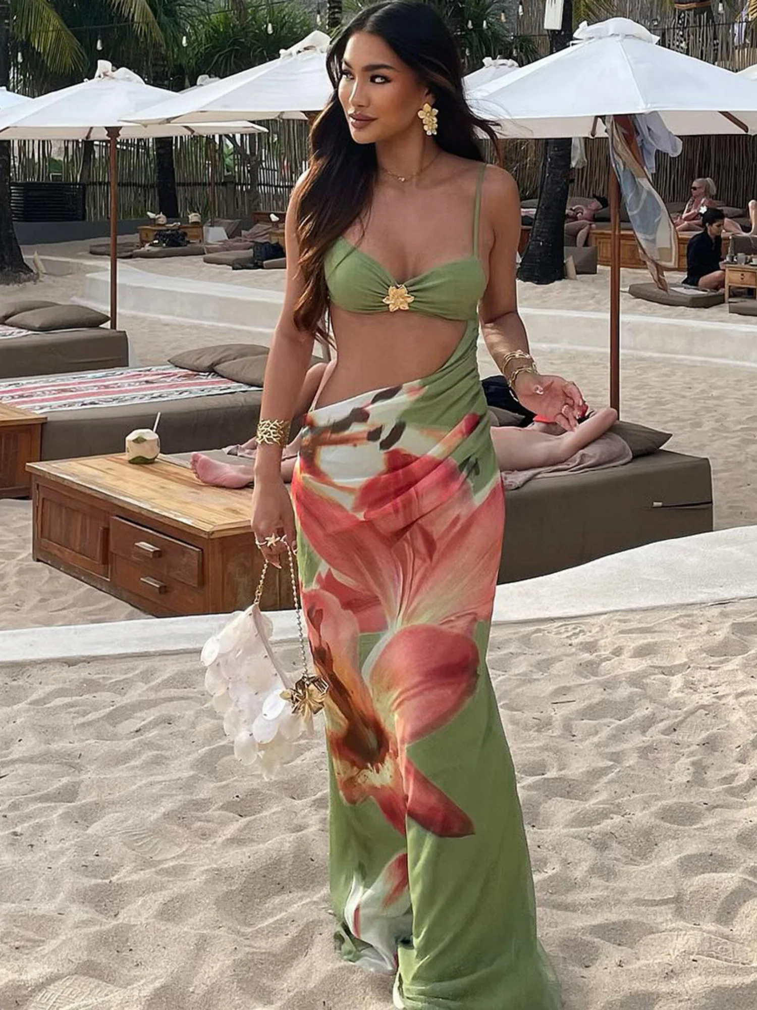 Printed Color Blocking Backless And Navel Exposed Strapless Bra Maxi Dresses - Image 2
