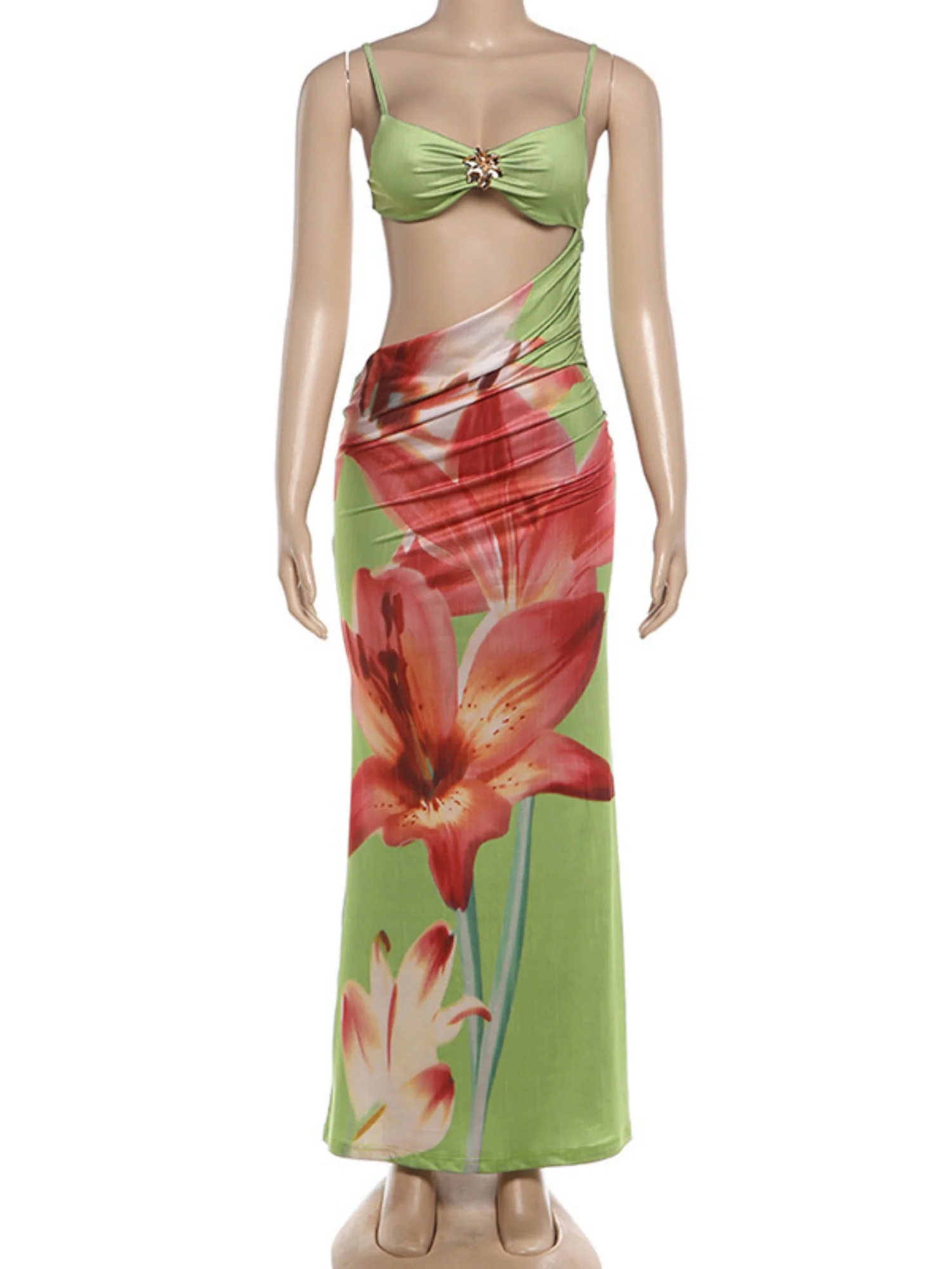 Printed Color Blocking Backless And Navel Exposed Strapless Bra Maxi Dresses - Image 6