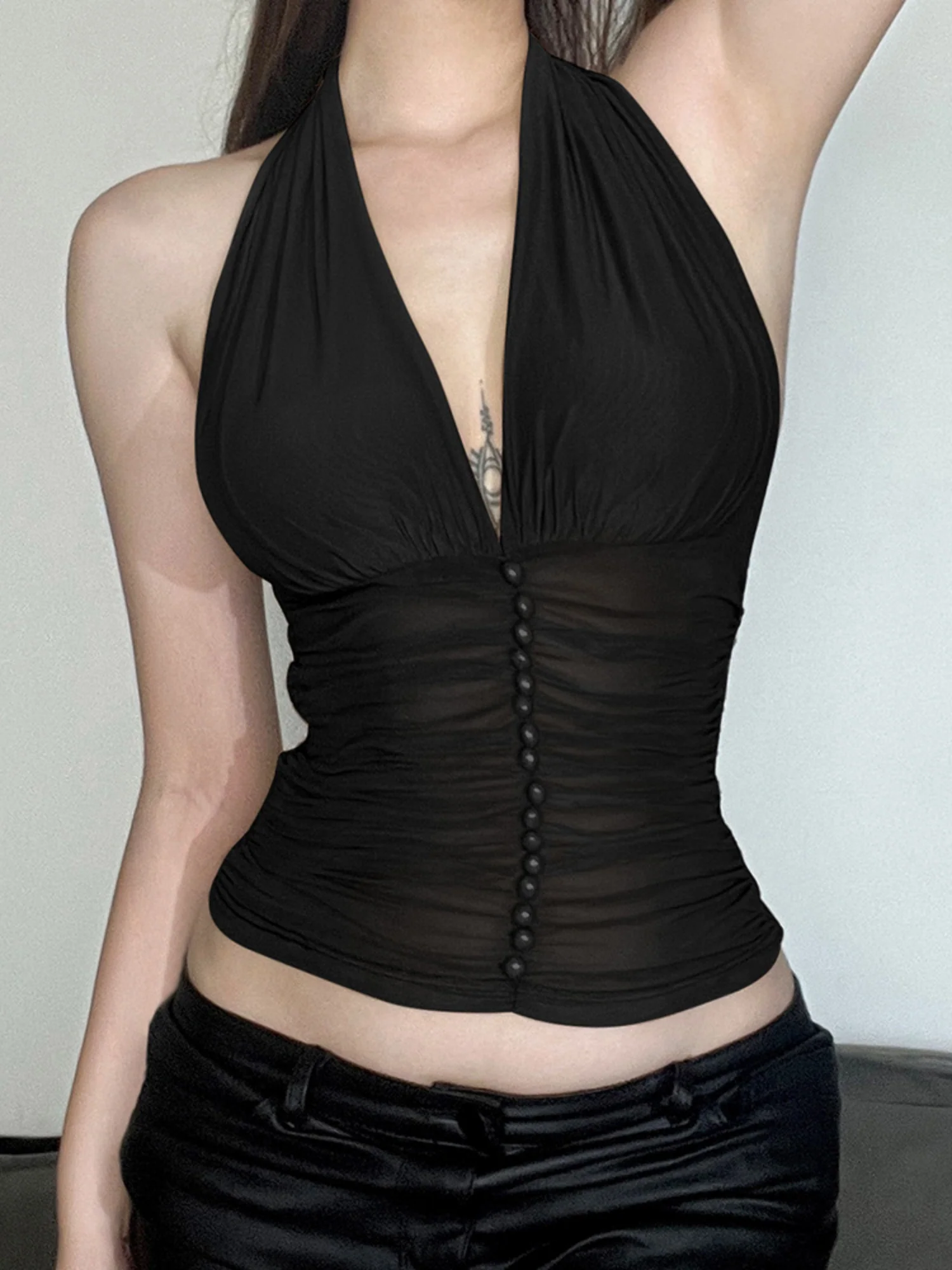 Mesh Pleats V-neck Halter Neck Backless Tank Tops - Image 7