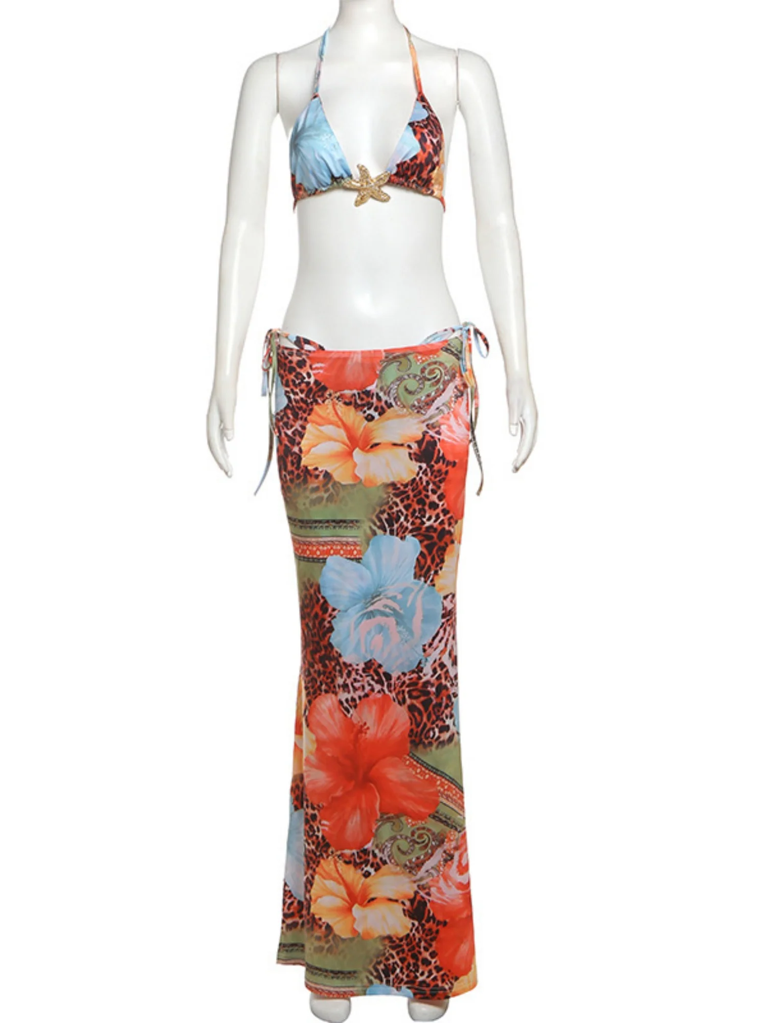 Color-blocked Print Strappy Top High-waisted Midi Skirt 3 Piece Bikinis - Image 6