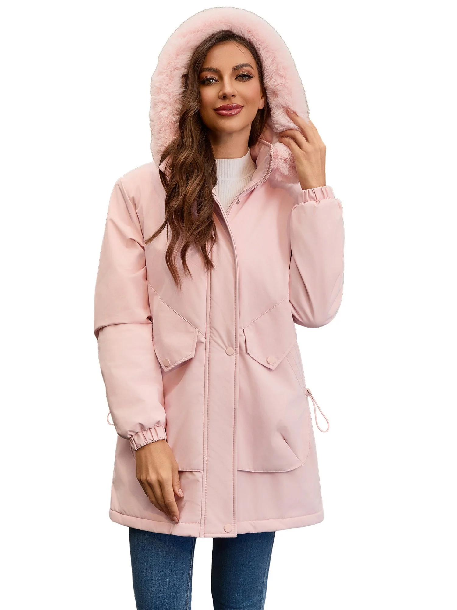 With Fur Collar Hooded For Warmth Drawstring Pocket Down Jacket - Image 11