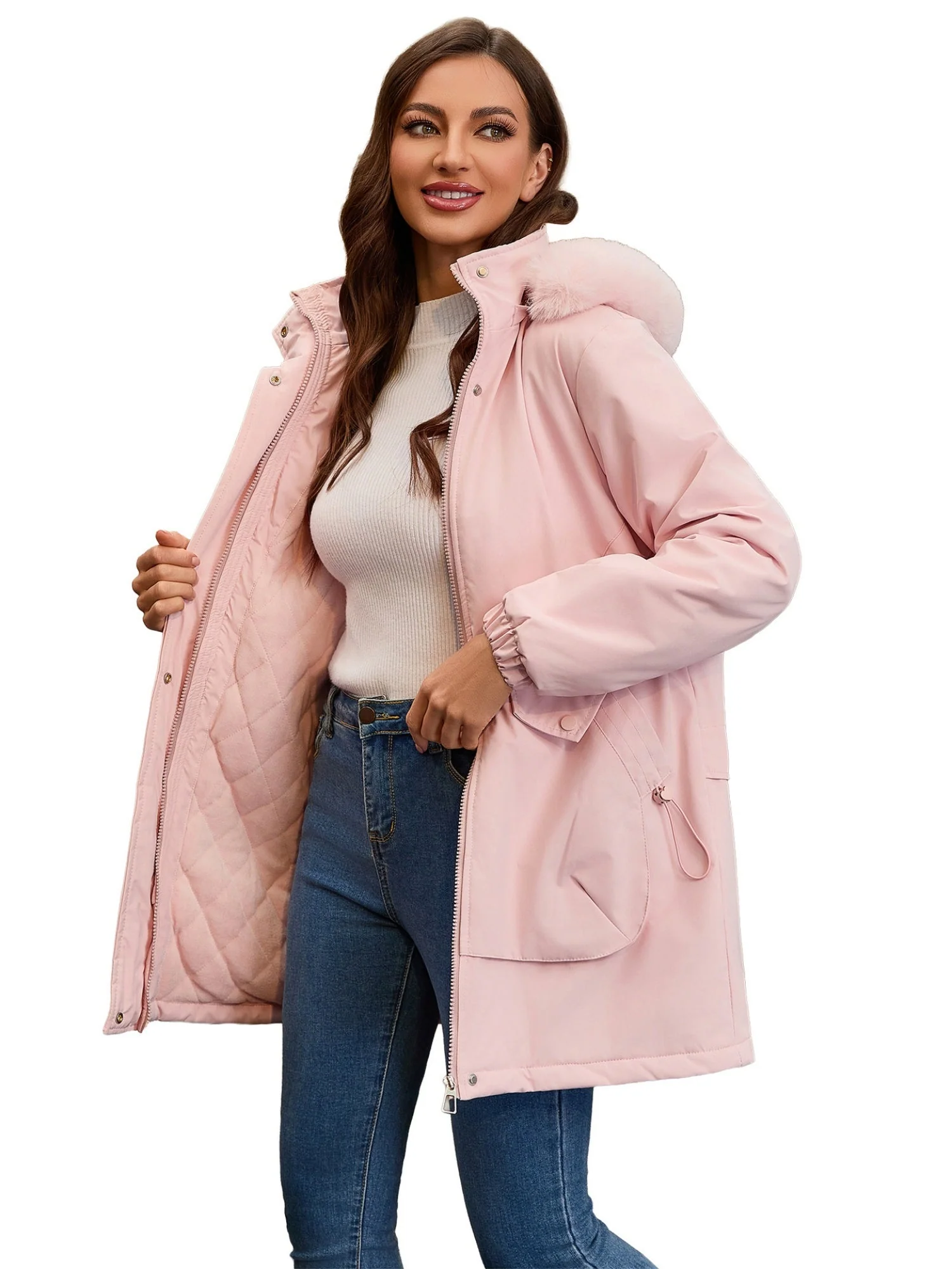With Fur Collar Hooded For Warmth Drawstring Pocket Down Jacket - Image 12
