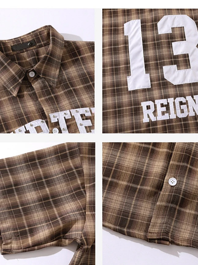 Retro Rivet Letter Embroidery Plaid Shirts - Image 4