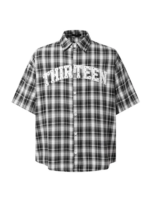 Retro Rivet Letter Embroidery Plaid Shirts - Image 5