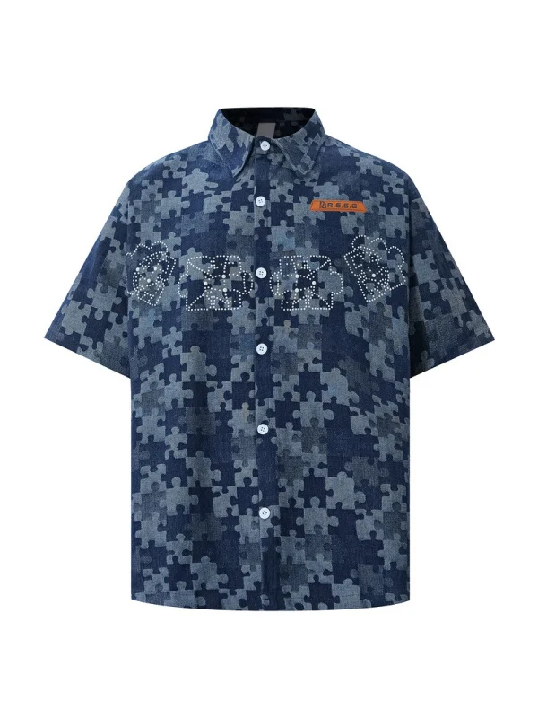 Retro Puzzle Rhinestone-studded Floral Shirts - Image 3