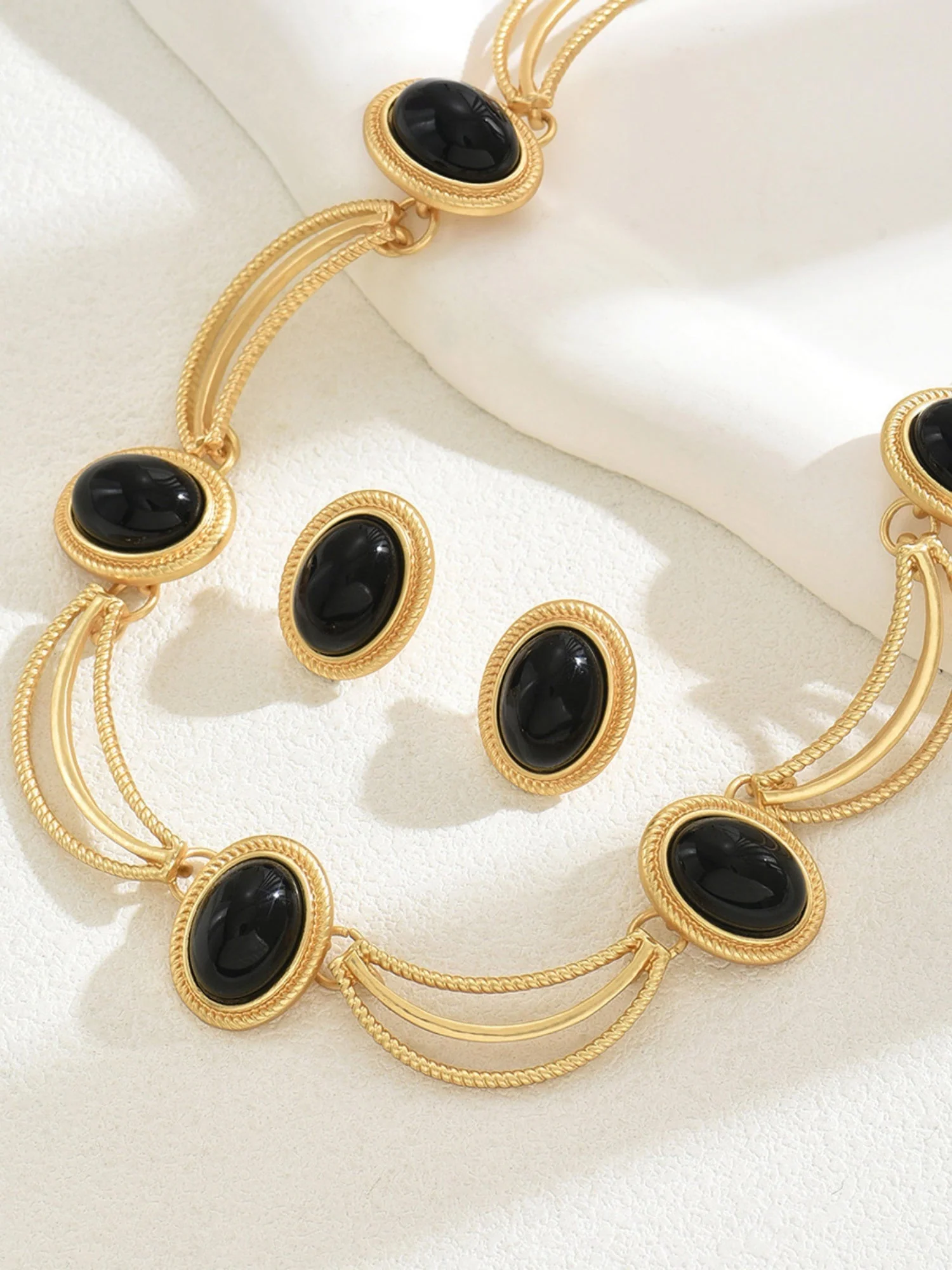 Vintage Gemstone Inlay Earrings Necklace Jewelry Sets - Image 2